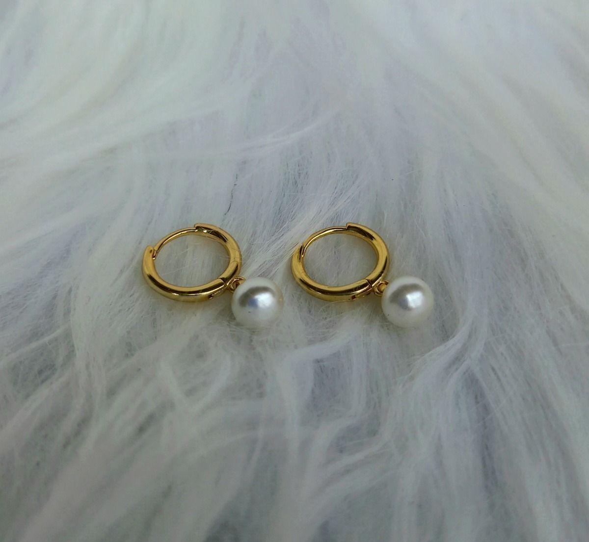 Aros Argolla Perla Colgante Plata Esterlina 925 Baño En Oro-3
