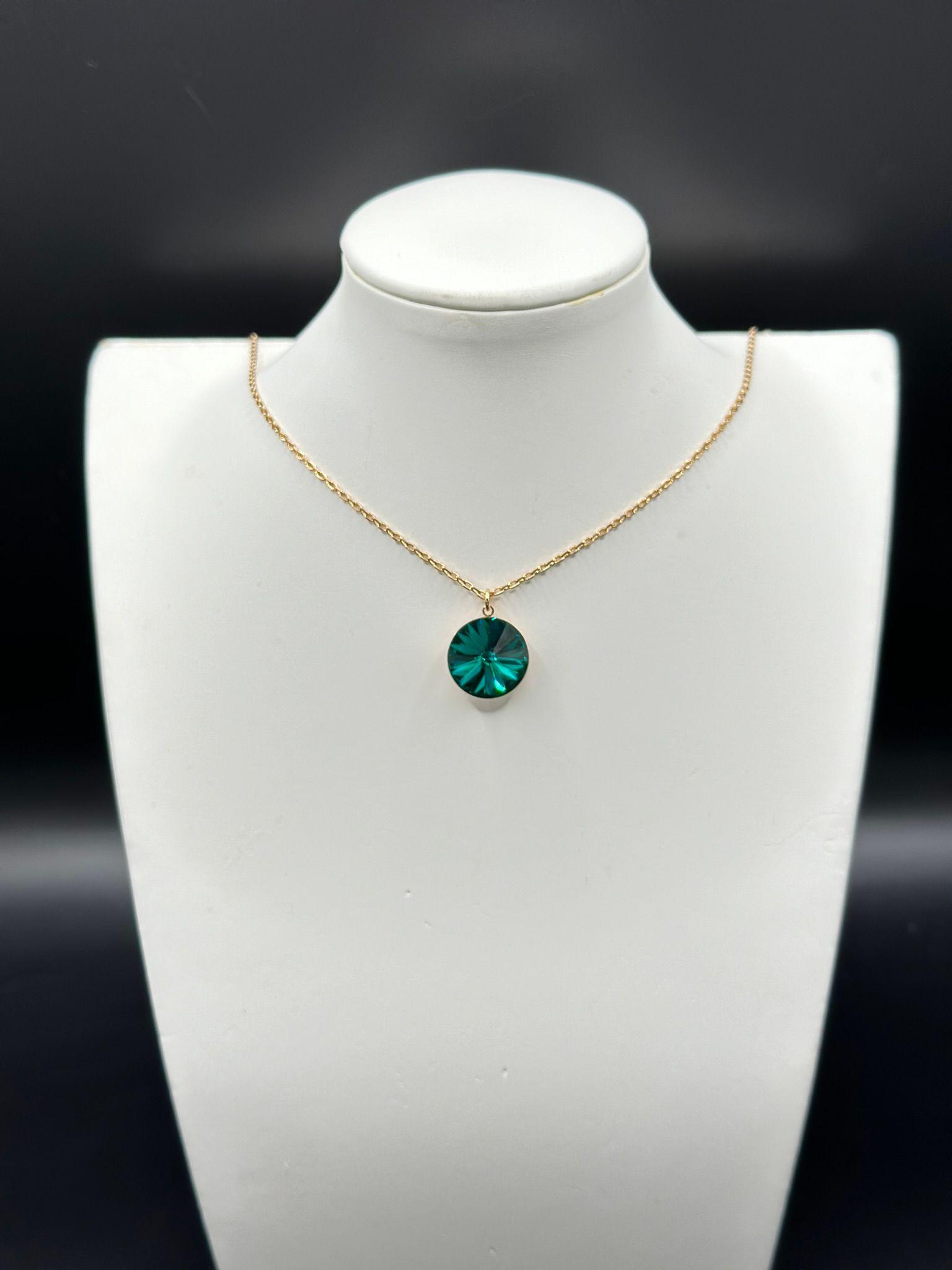 Collar Punto Luz Cristal Verde Esmeralda Baño Oro Rosa-2