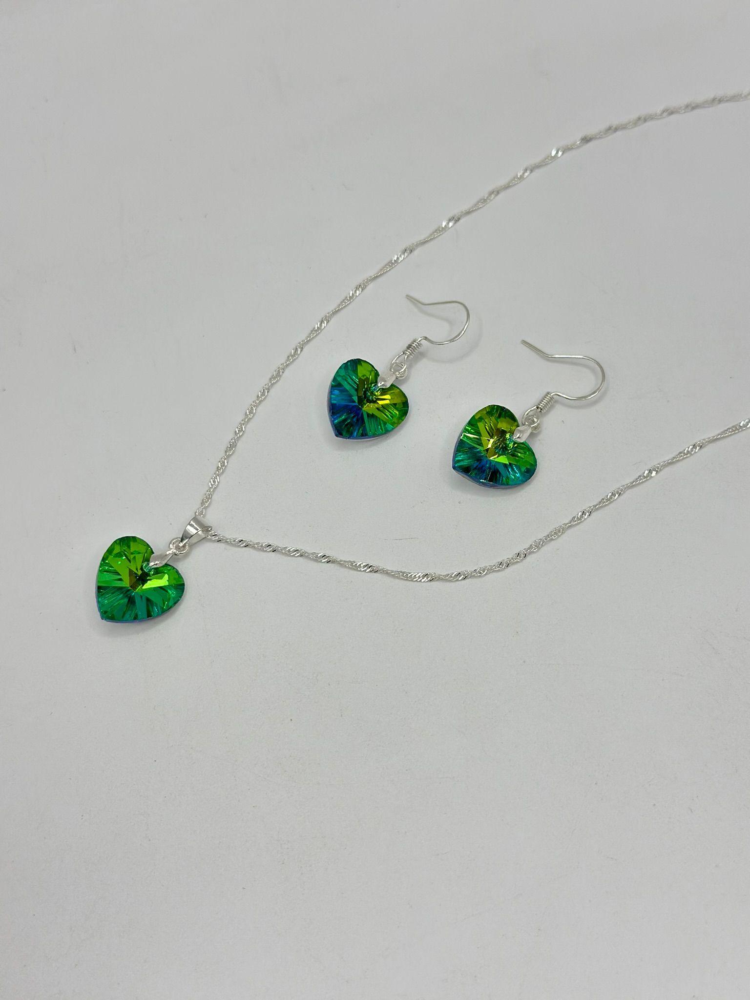 Conjunto Corazon Cristal Esmeralda Plata-2