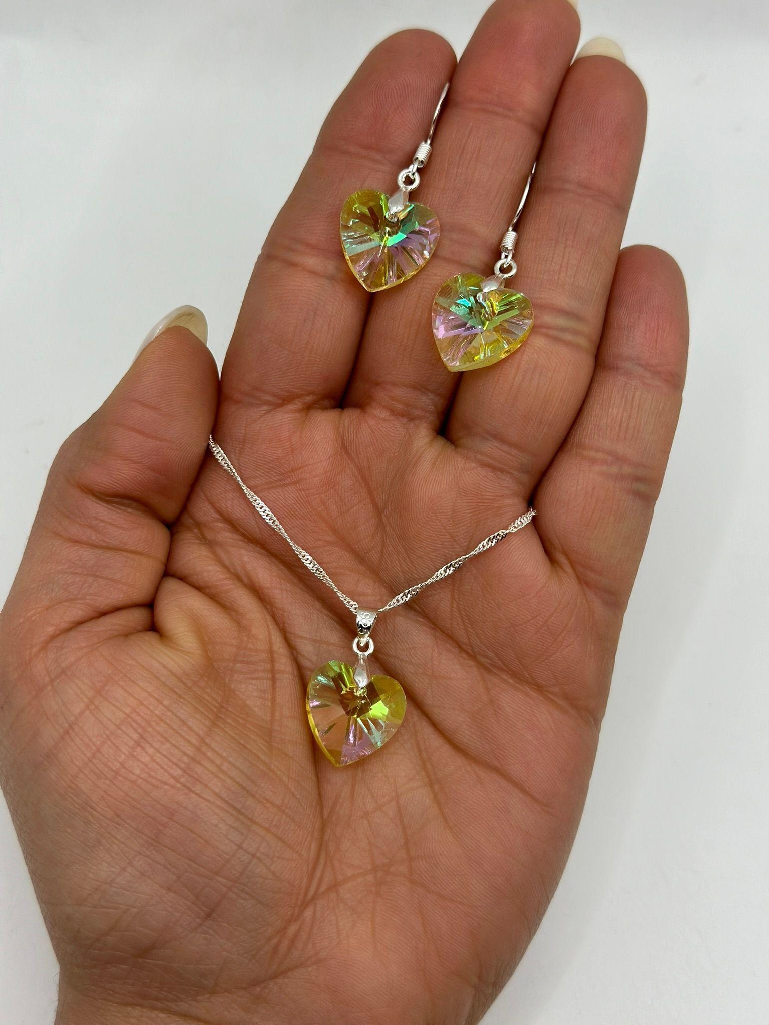 Conjunto Corazón Cristal Amarillo Tornasol Plata-2