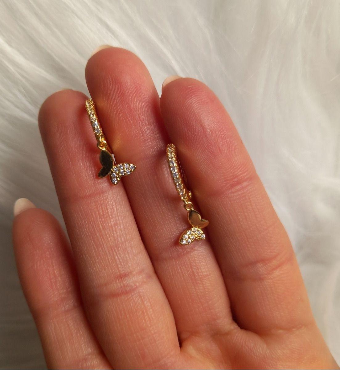 Aros Argolla Pequeños Mariposa Colgante Plata S92 Baño Oro-2