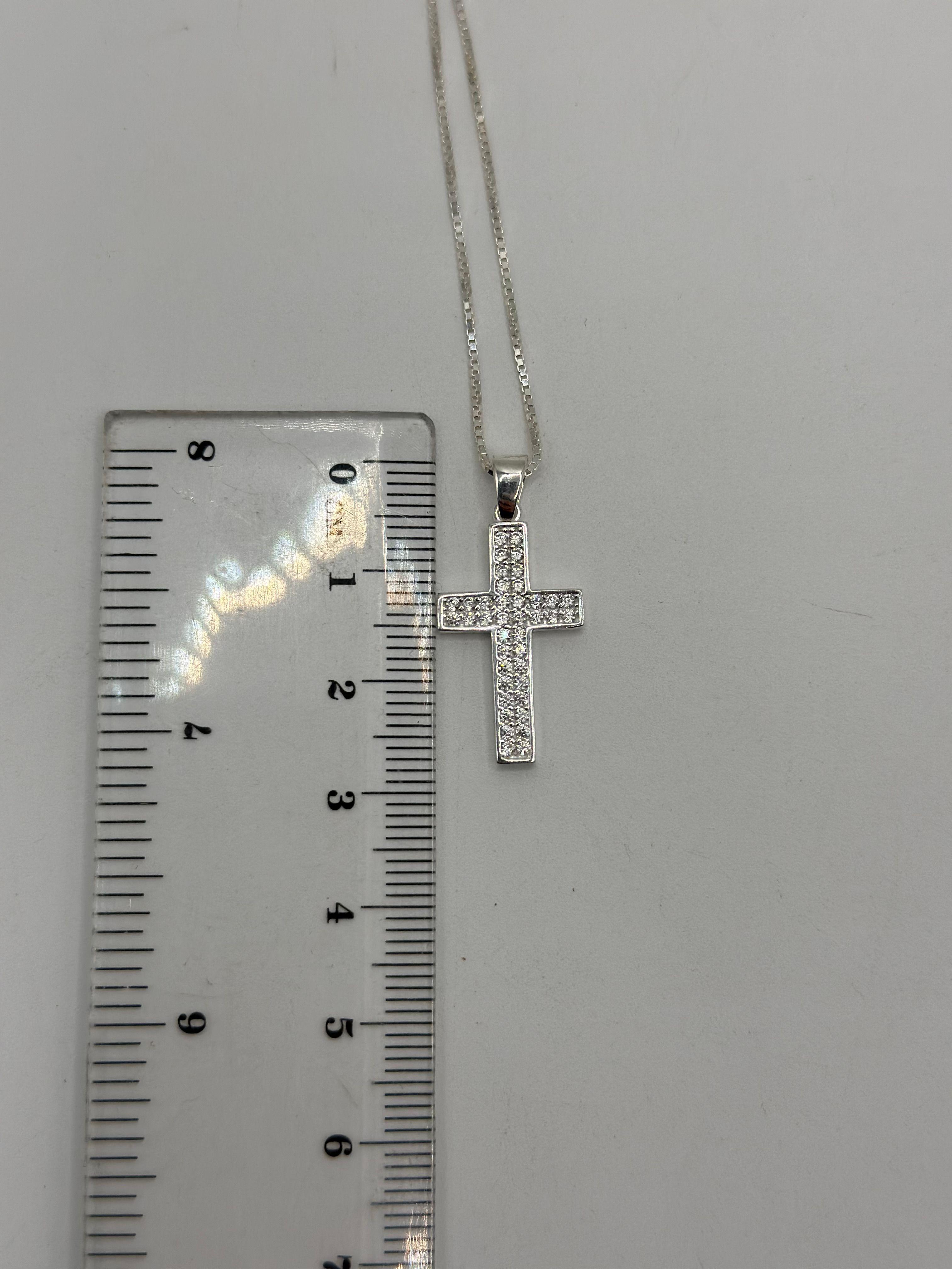 Collar Cadena Fina Más Colgante Cruz Con Circones Plata 925-2