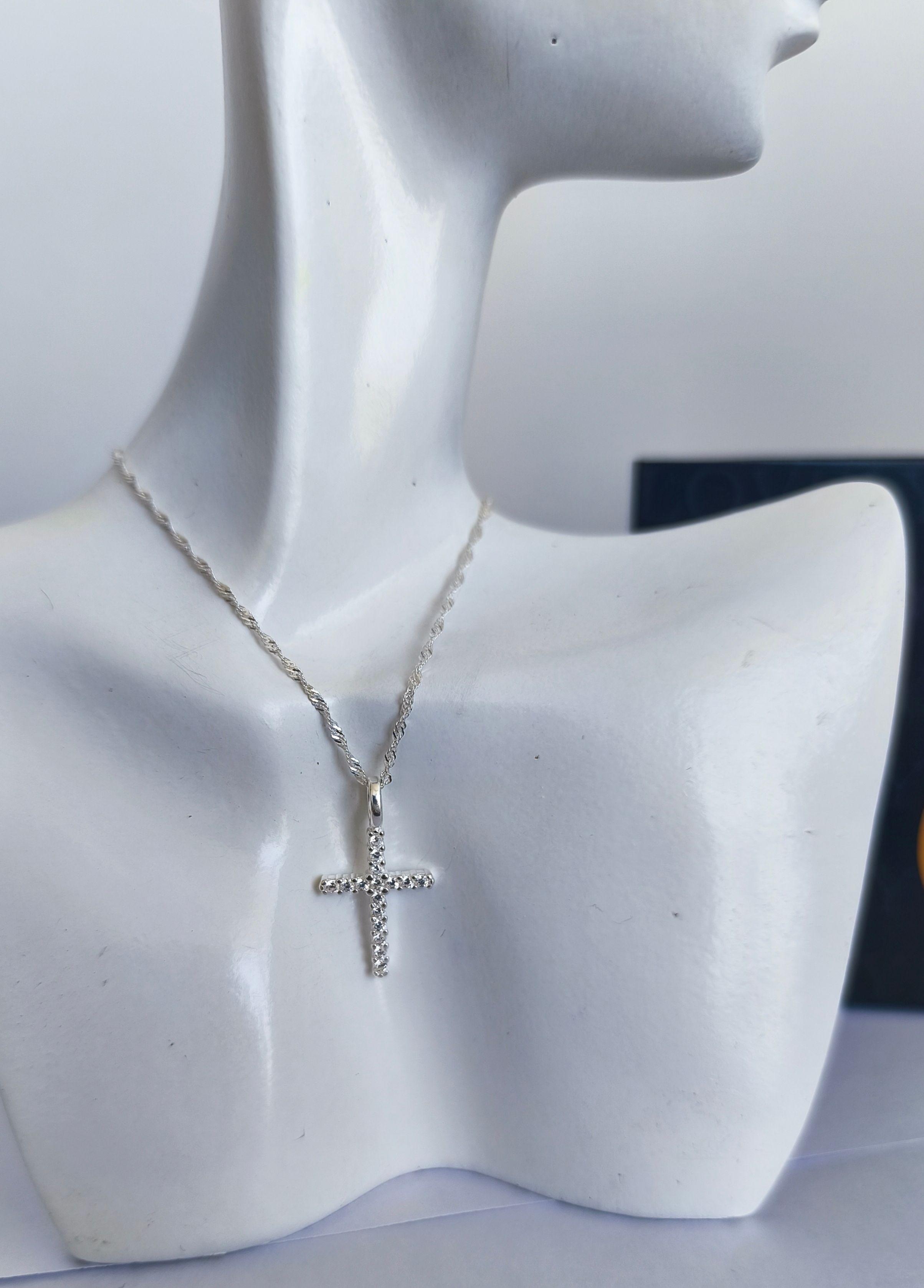 Collar Cadena Fina Más Colgante Cruz Con Circones Plata 925-1