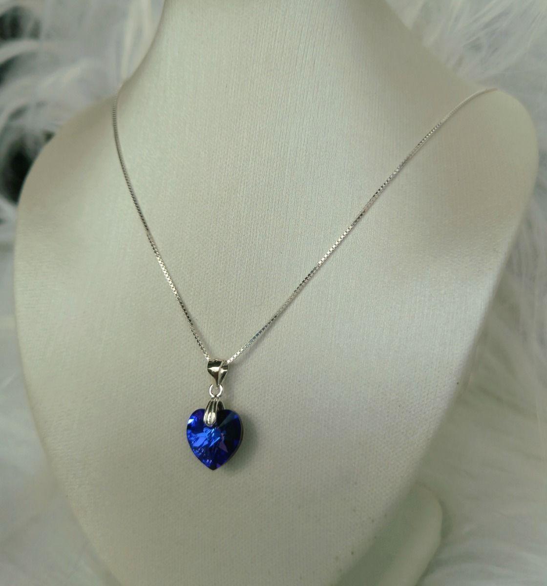 Collar Colgante Corazón Cristal Swarovski Azul Plata 925-2