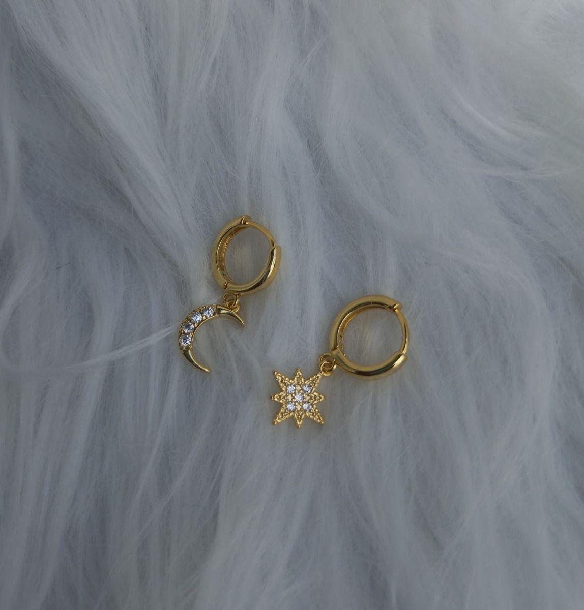 Aros Colgante Luna Estrella Plata Esterlina 925 Baño Oro-3