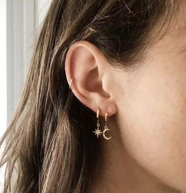 Aros Colgante Luna Estrella Plata Esterlina 925 Baño Oro-2