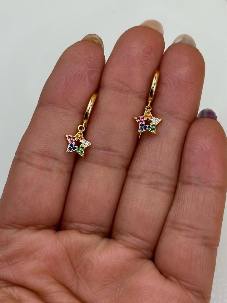 Aros Argolla Estrella Colores Colgante Plata S925 Baño Oro-2