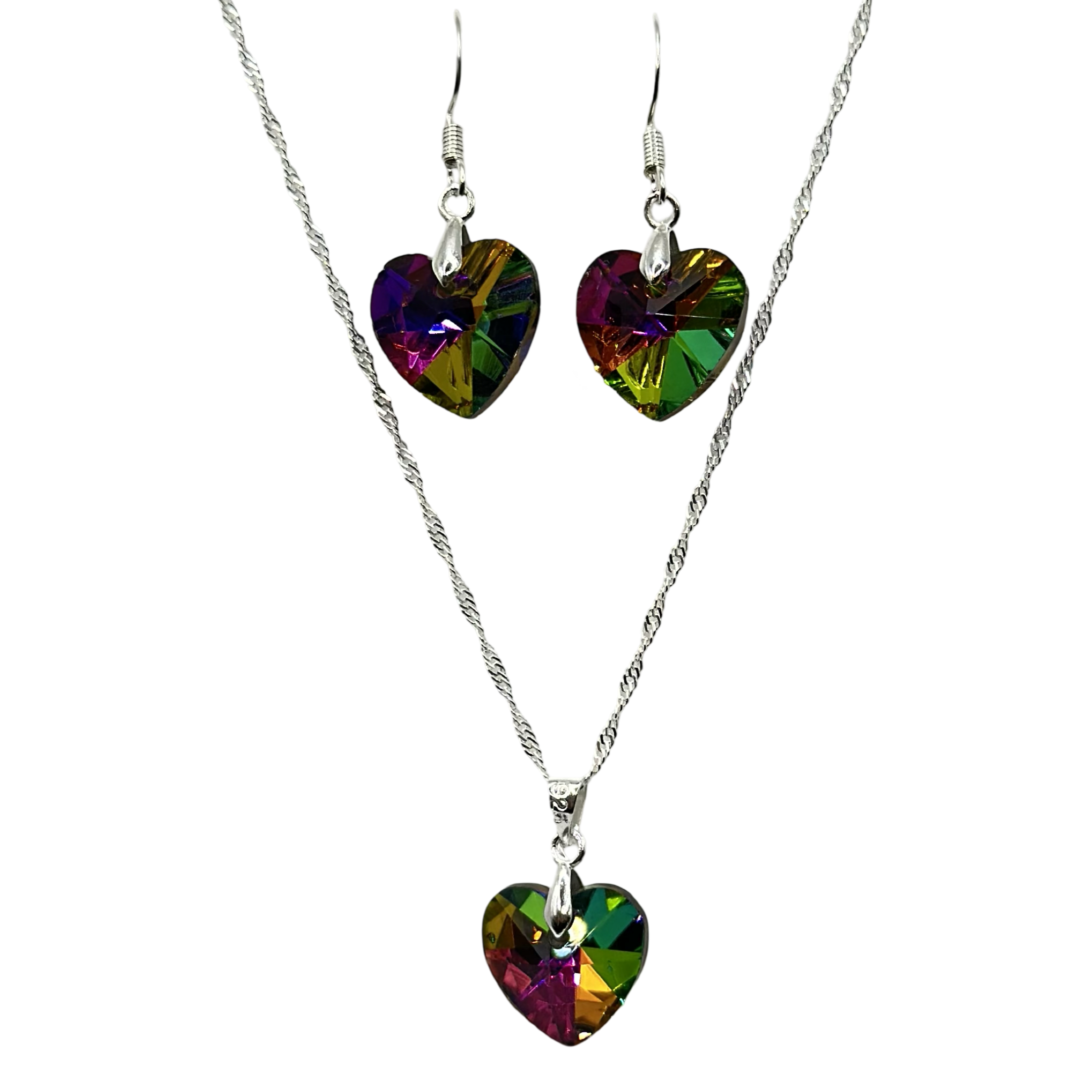 Conjunto Collar Corazon Colores Tornasol Plata-0