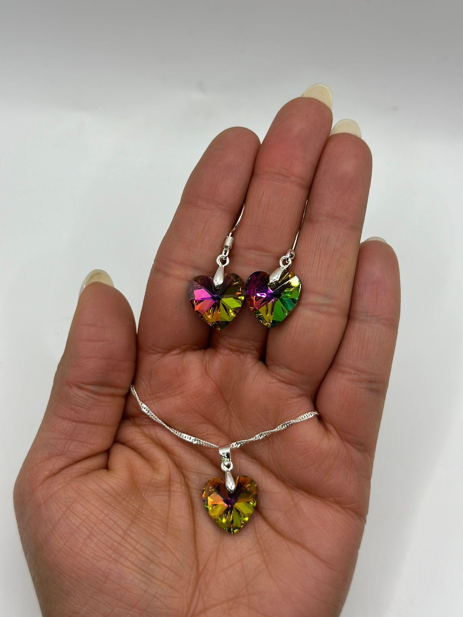 Conjunto Collar Corazon Colores Tornasol Plata-1