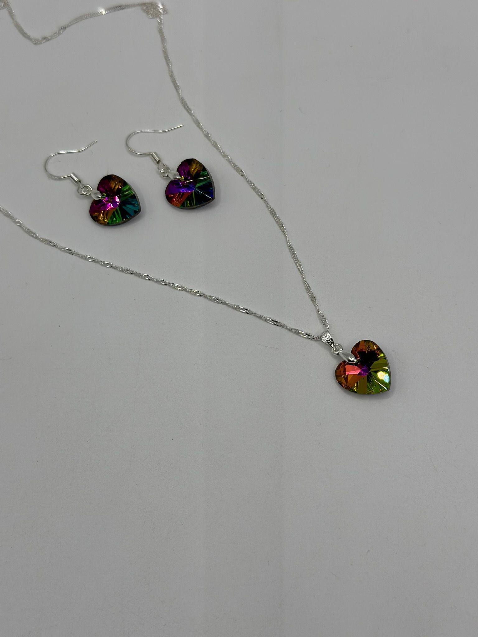Conjunto Collar Corazon Colores Tornasol Plata-2