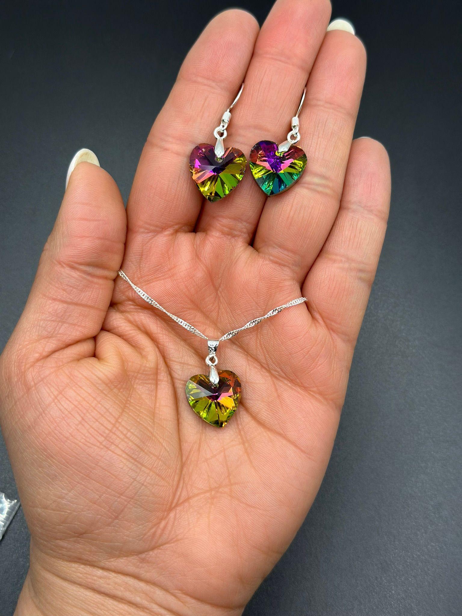 Conjunto Collar Corazon Colores Tornasol Plata-3