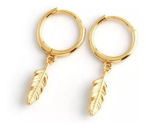 Aros Argolla Pluma Colgante Plata Baño Oro-0