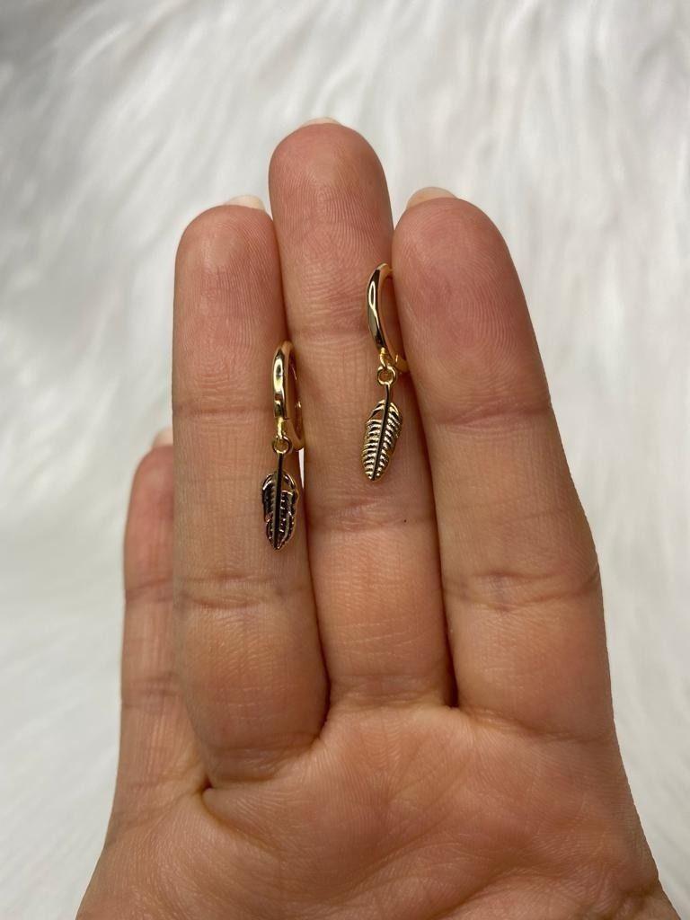Aros Argolla Pluma Colgante Plata Baño Oro-1
