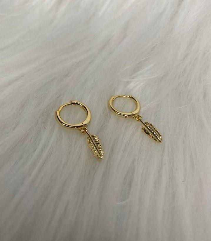 Aros Argolla Pluma Colgante Plata Baño Oro-3