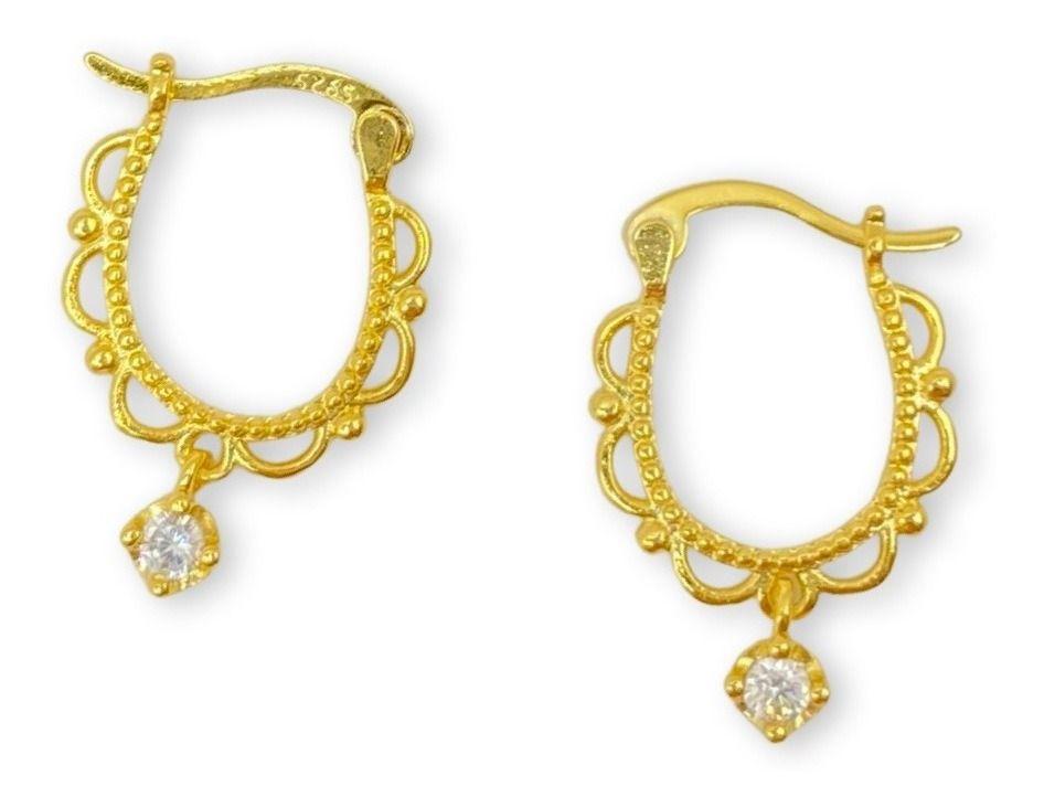 Aros Argolla Diseño Circon Regalo Plata S925 Baño Oro Caja-0