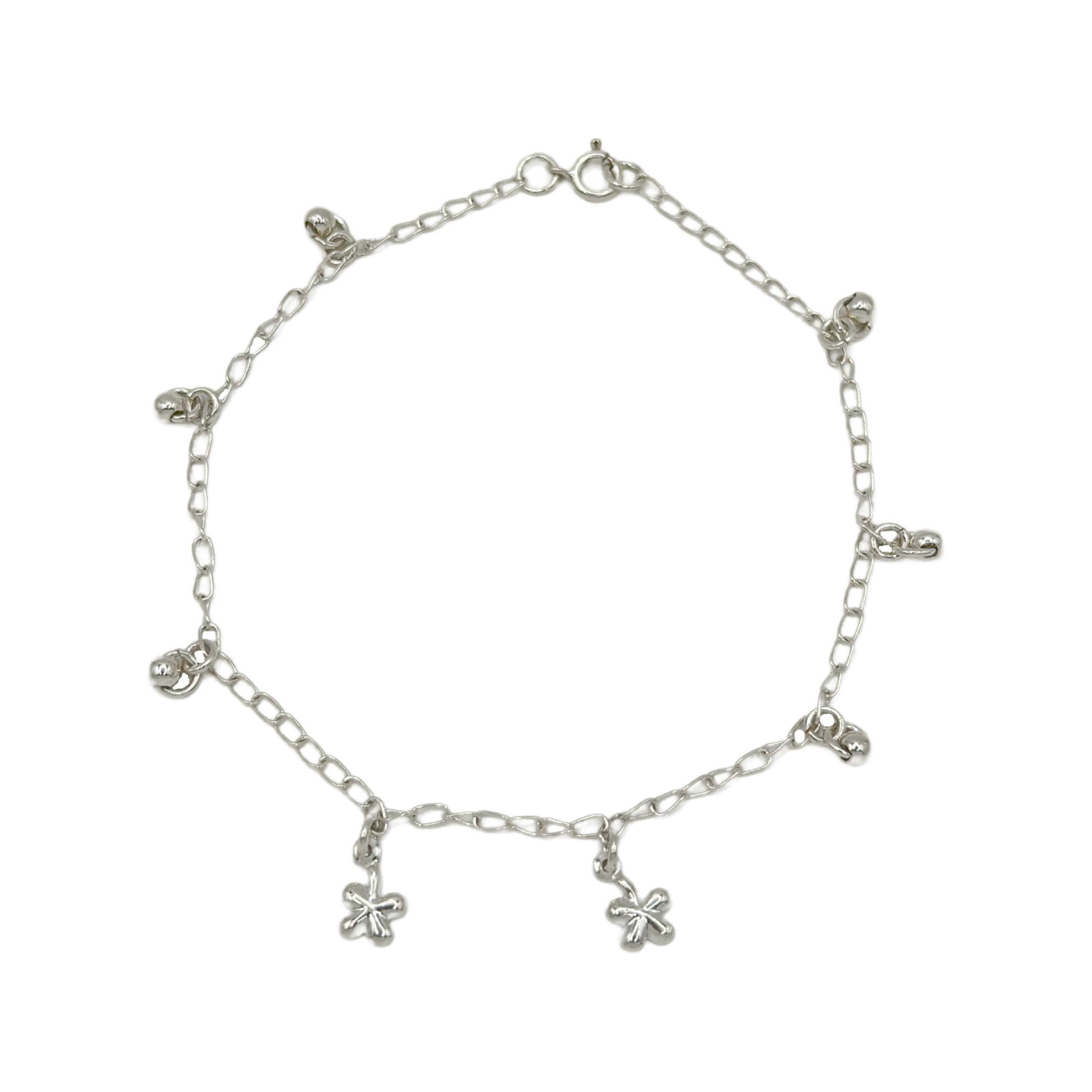 Tobillera Flores Bolitas Colgantes Plata-0