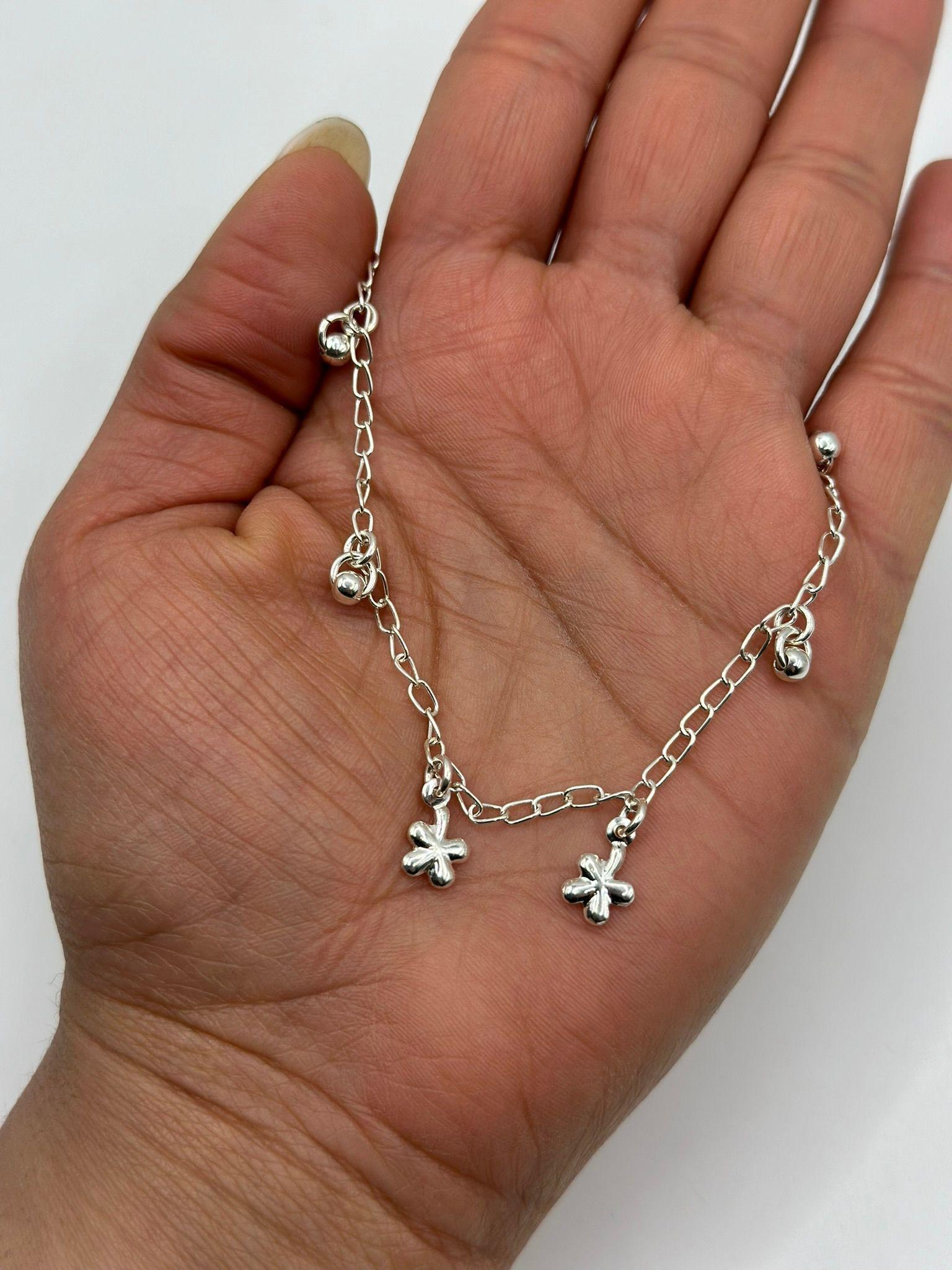 Tobillera Flores Bolitas Colgantes Plata-1