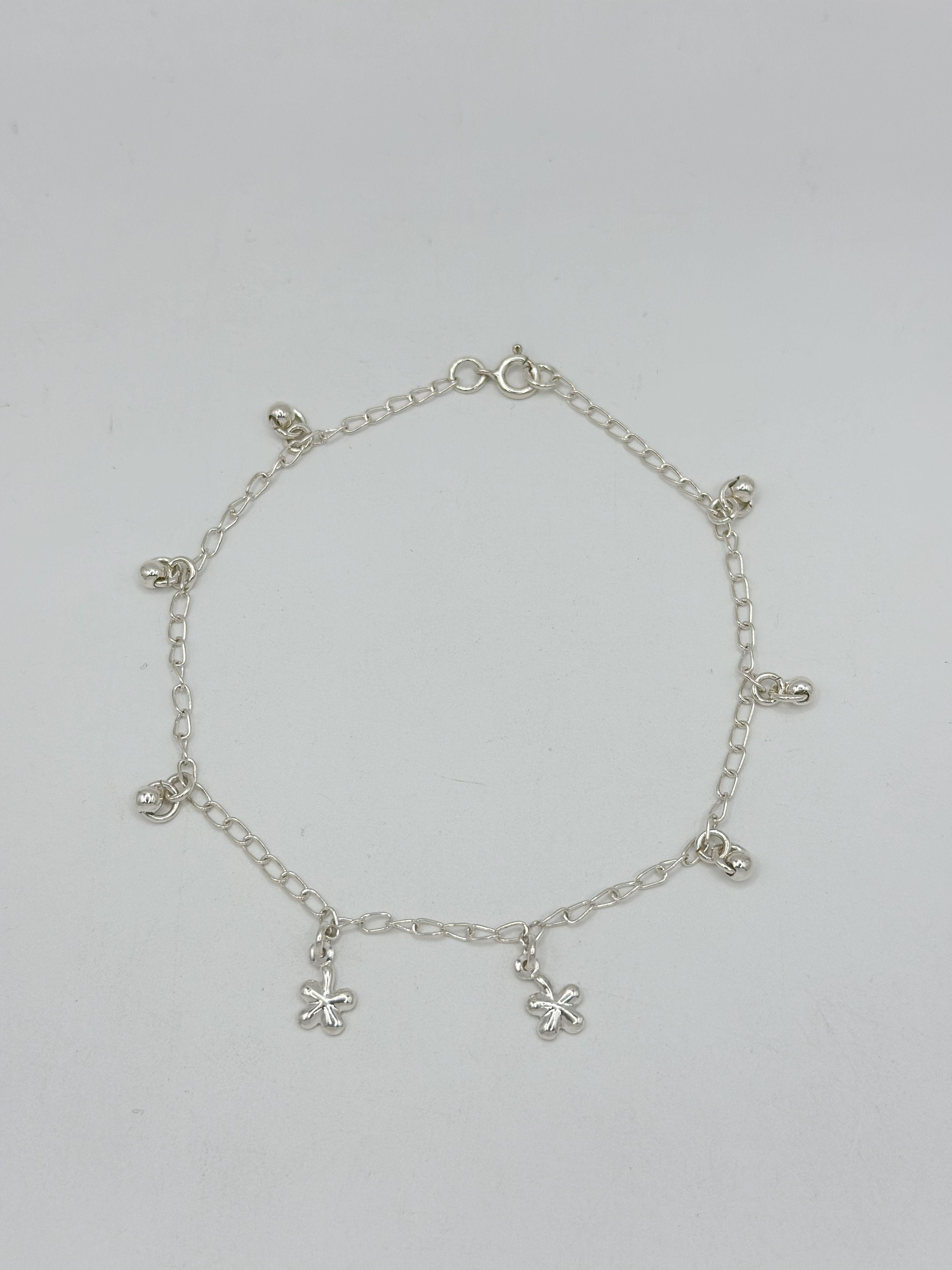 Tobillera Flores Bolitas Colgantes Plata-2