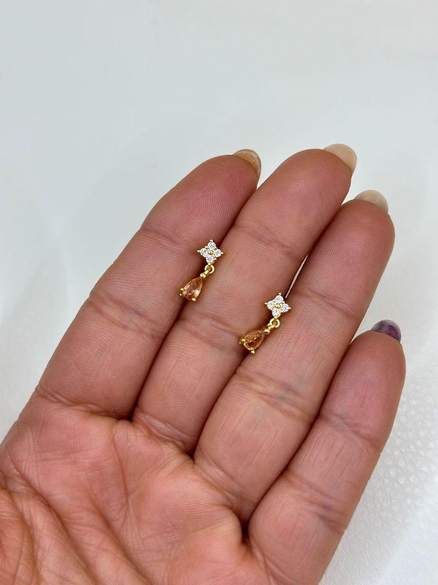 Aros Flor Gota Pequeños Colgantes Circones Plata Baño Oro-1