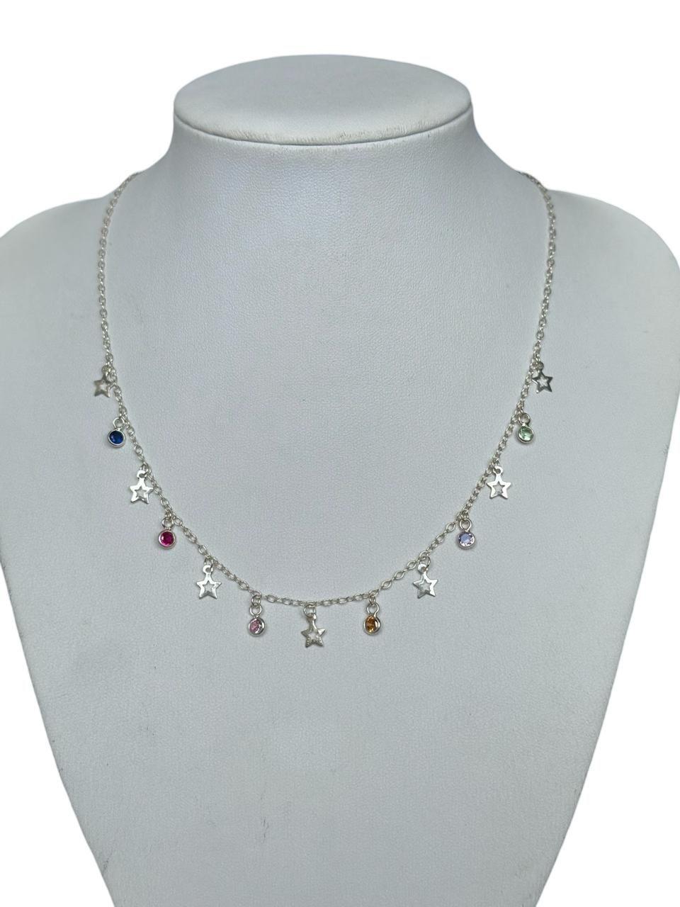Collar Lunas Estrellas Colgantes Circones Plata-0
