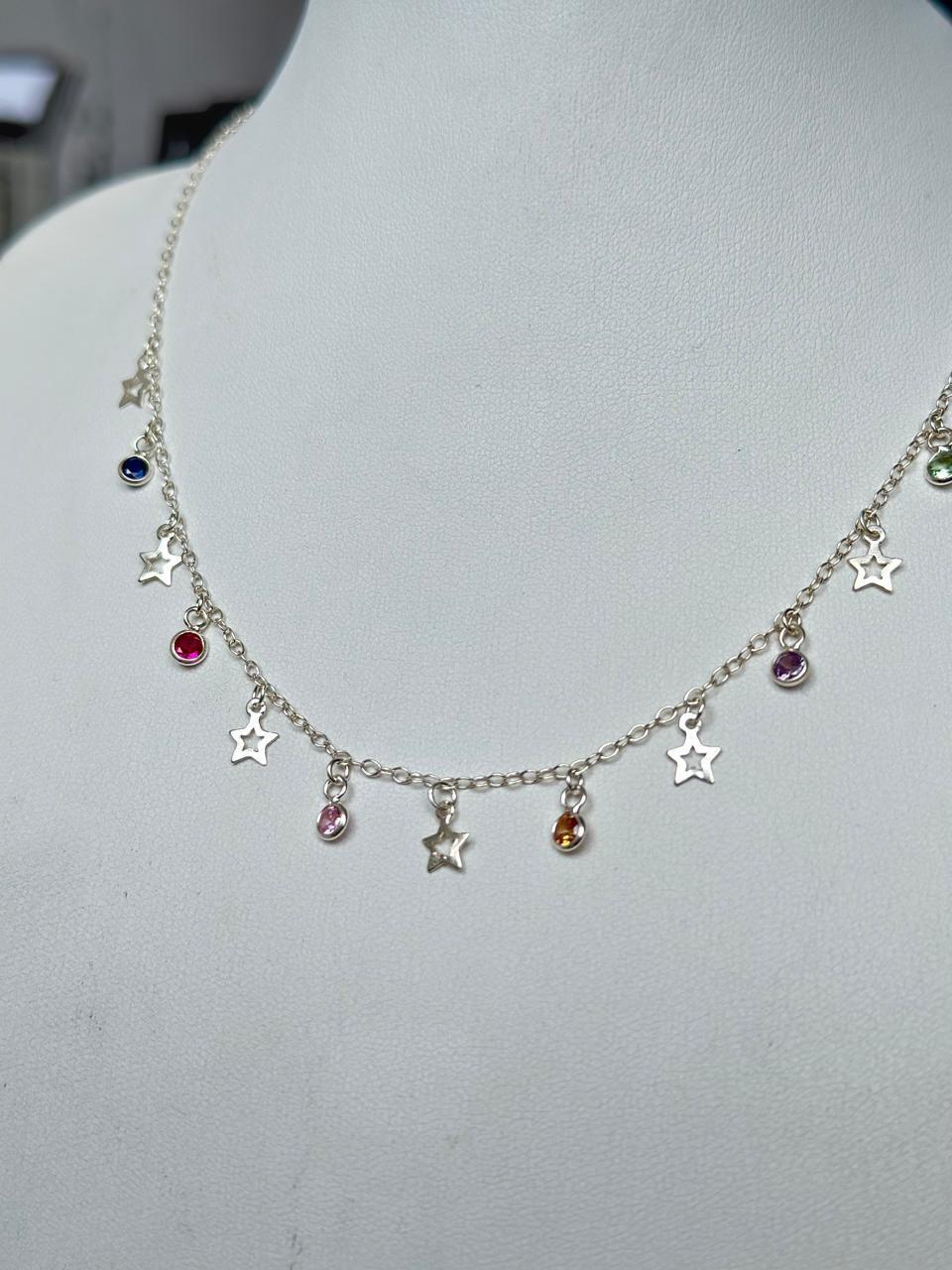 Collar Lunas Estrellas Colgantes Circones Plata-2