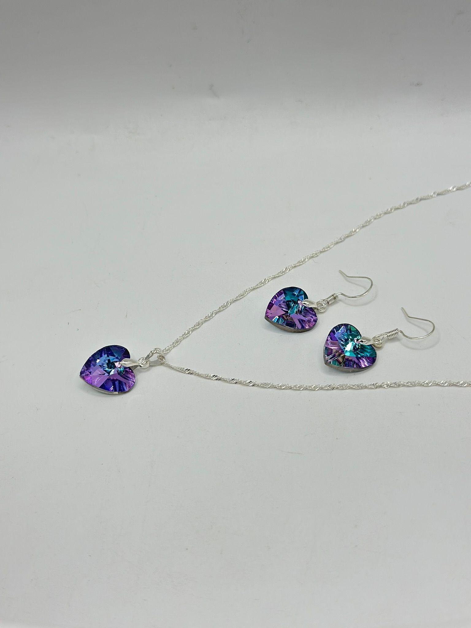 Conjunto Collar Aro Corazon Cristal Lila Plata-2