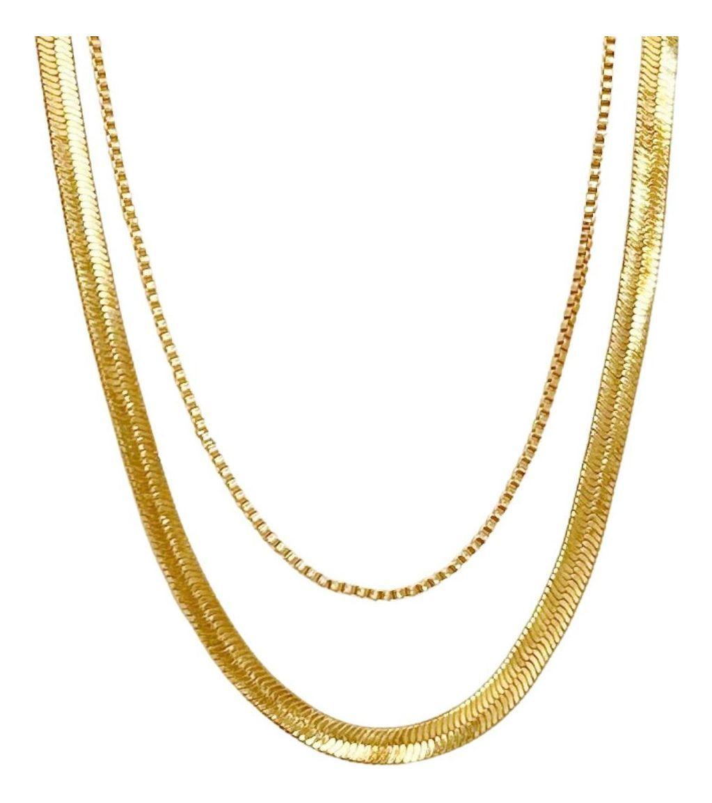 Collar Dama Cinta Doble Plata Baño Oro-0