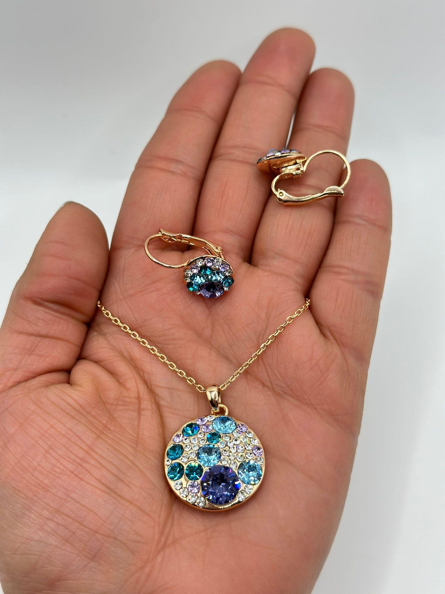 Conjunto Collar Aros Cristales Celestes Baño Oro Rosa-2