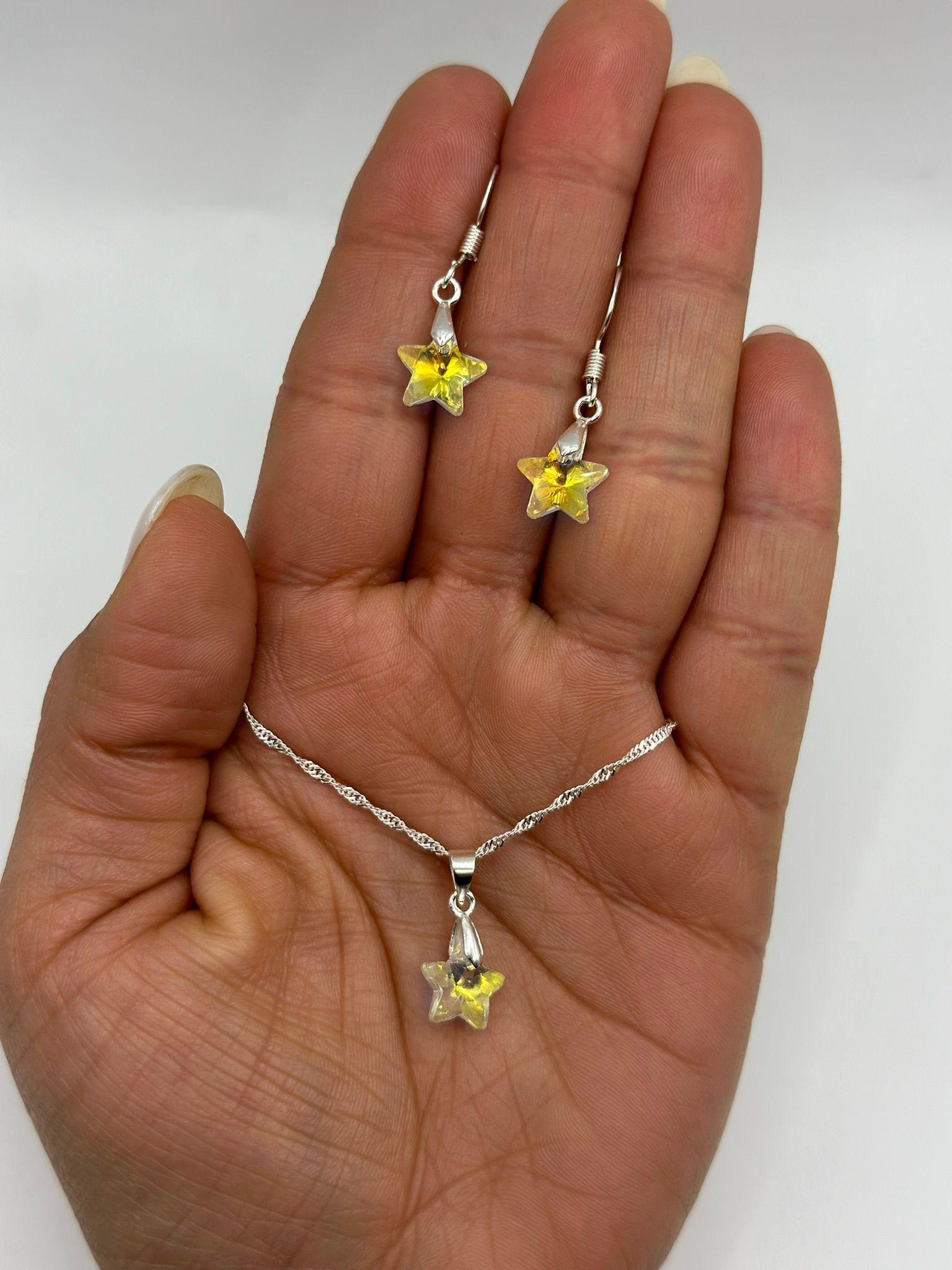 Conjunto Collar Aros Estrella Cristal Tornasol Plata-2