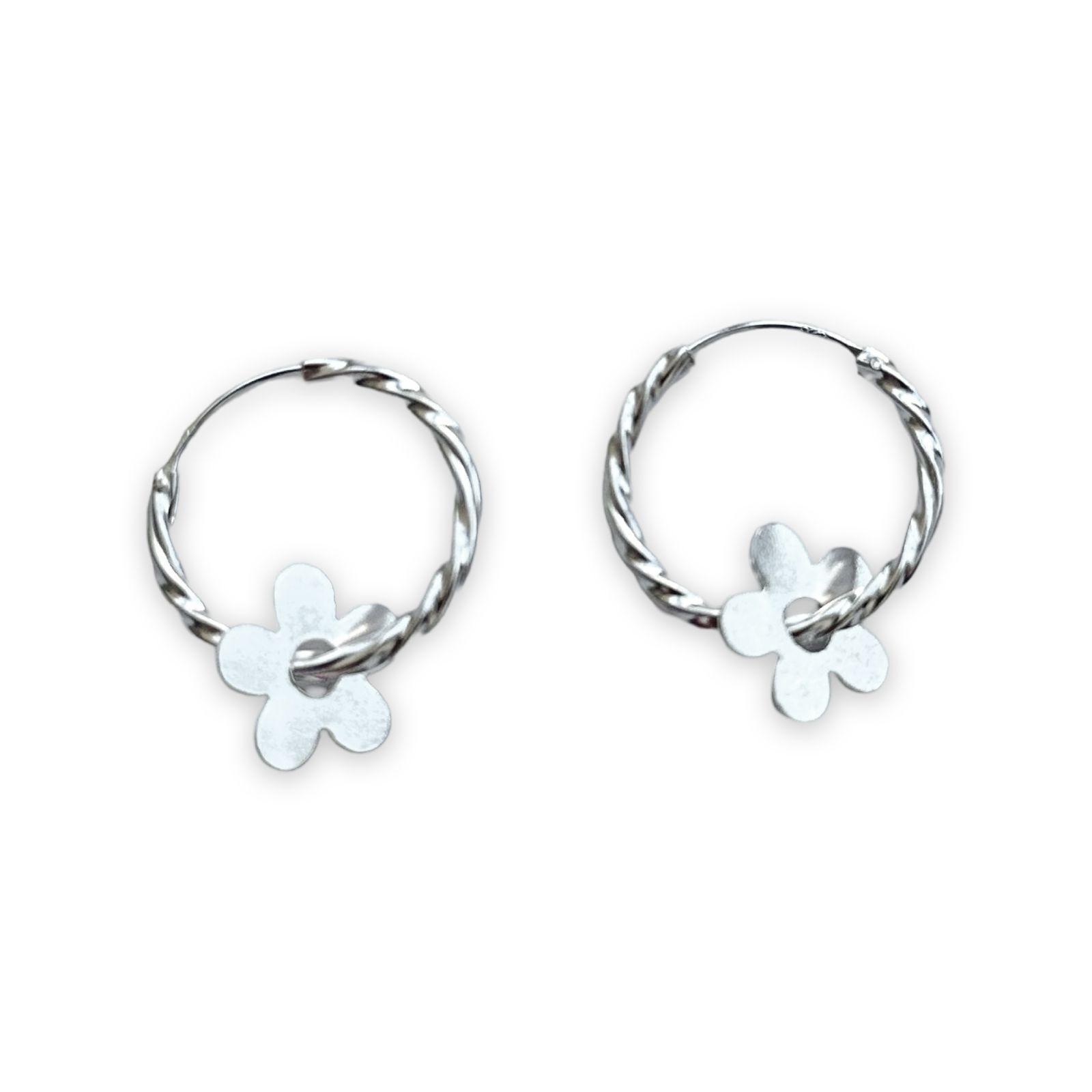 Aros Argolla Entorchada Flor Colgante Plata Ley 925-0