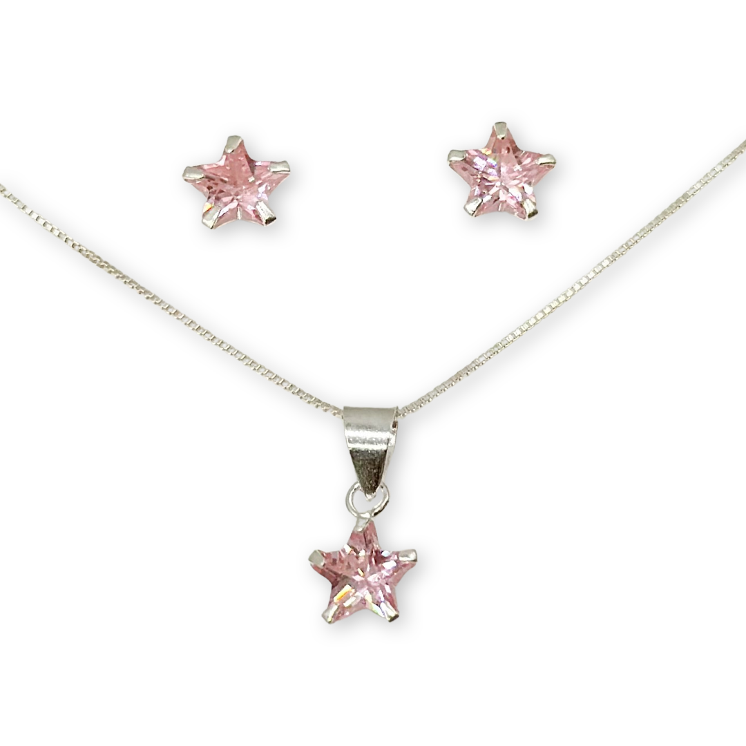 Conjunto collar Aros estrella circon rosado Plata-0