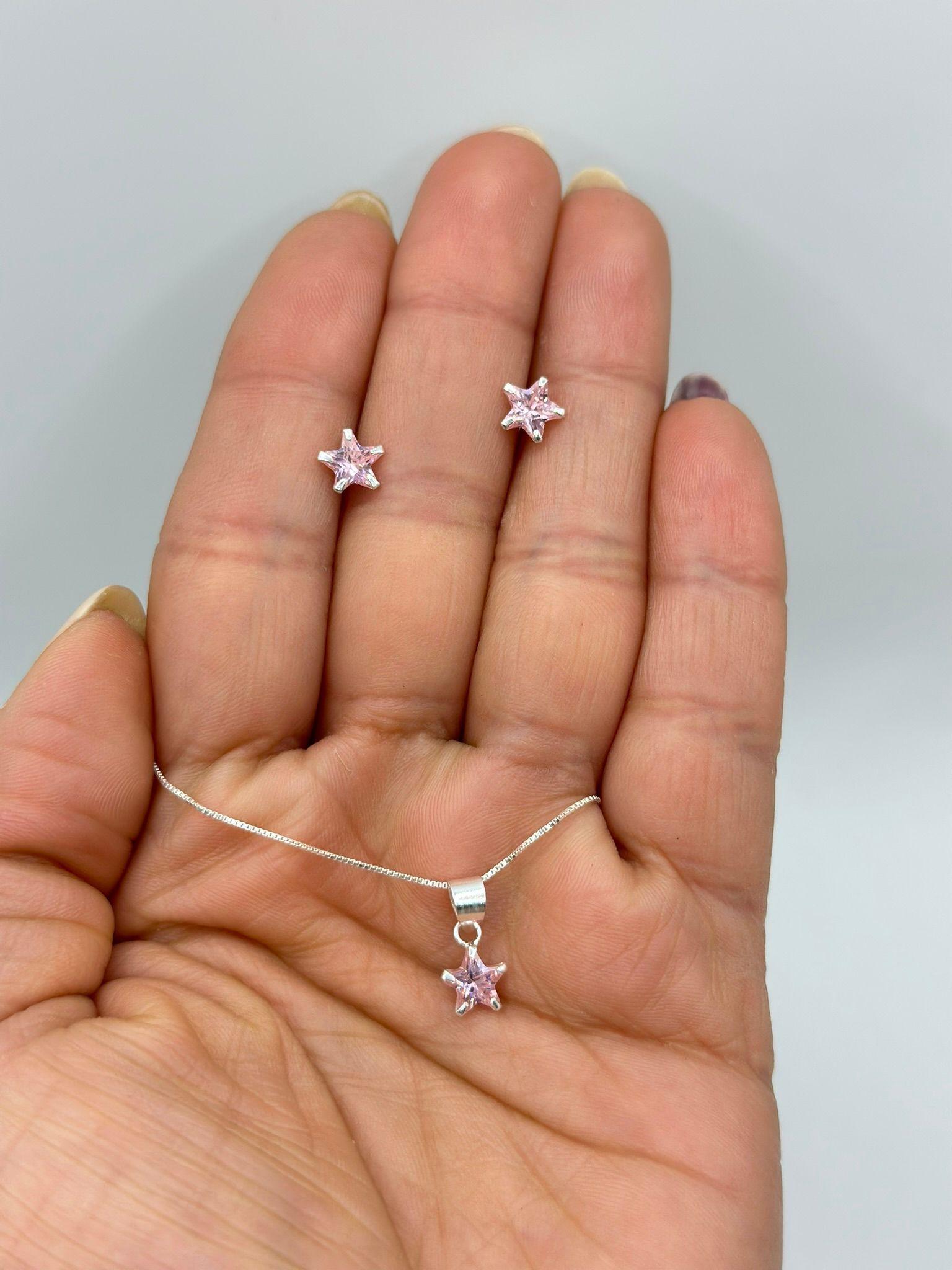 Conjunto collar Aros estrella circon rosado Plata-1