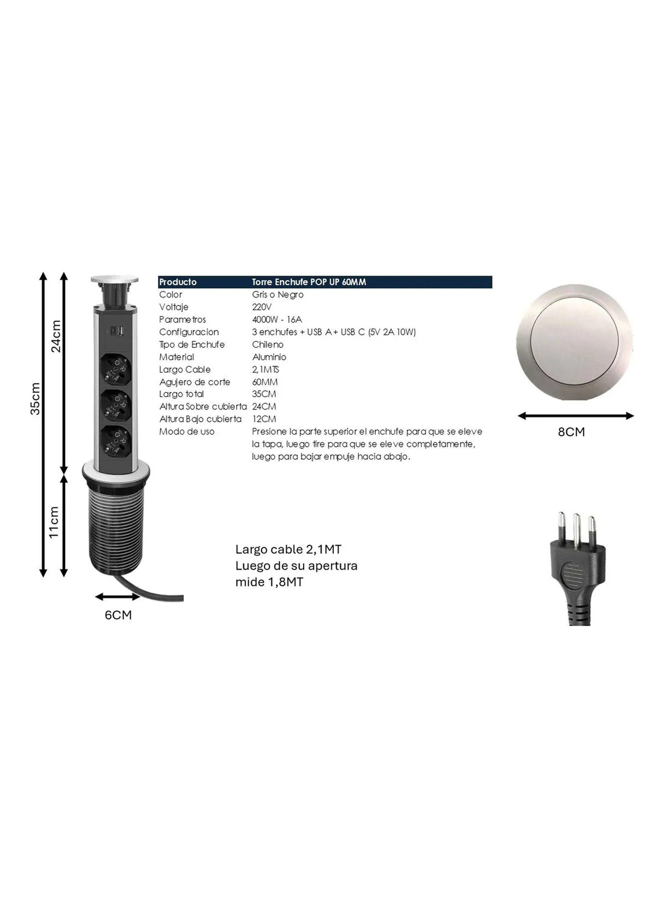 Módulo Enchufe Retráctil USB 220V Negro-2