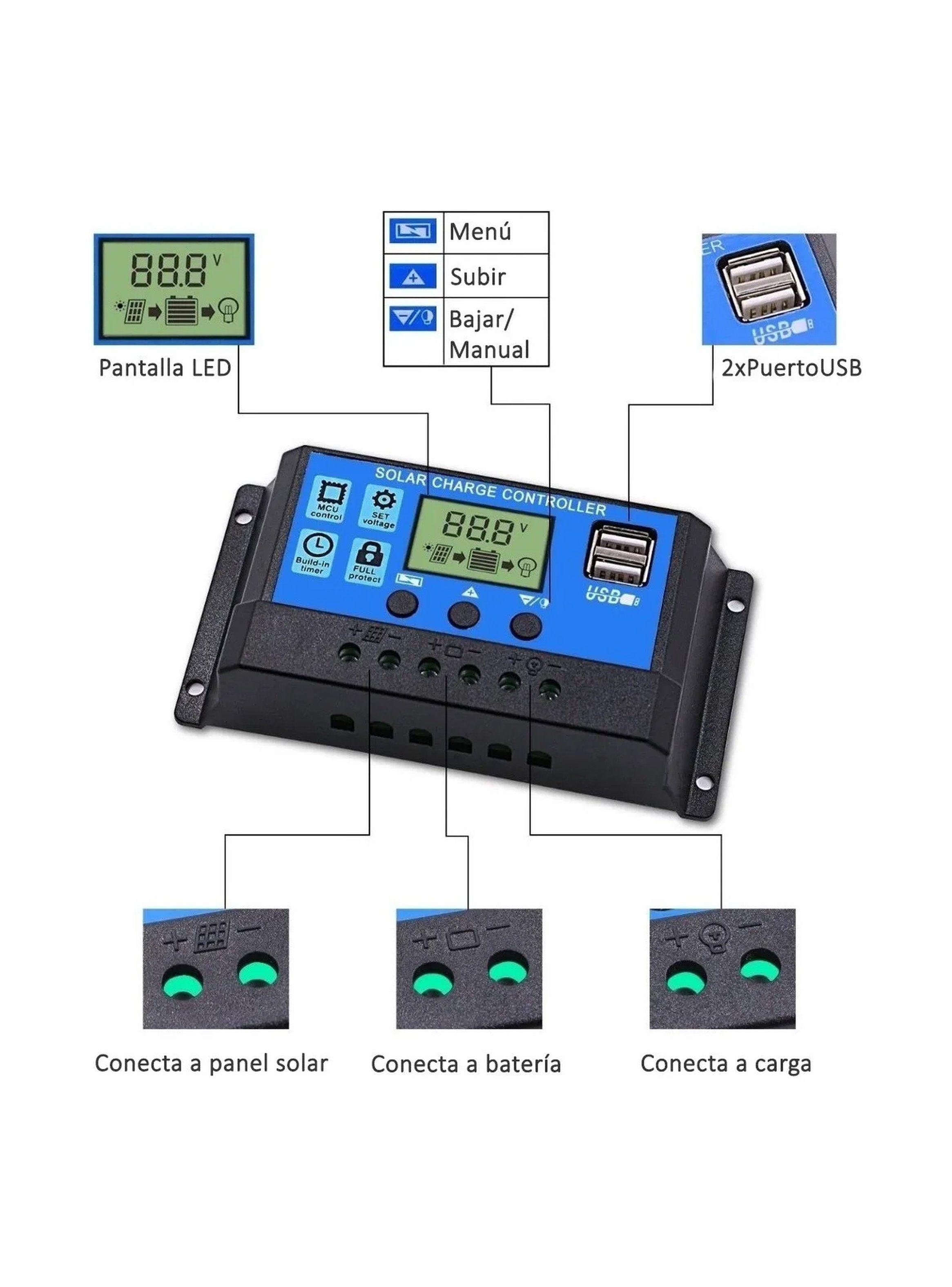 Controlador de Carga Solar 12V/24V Pantalla LCD USB-3