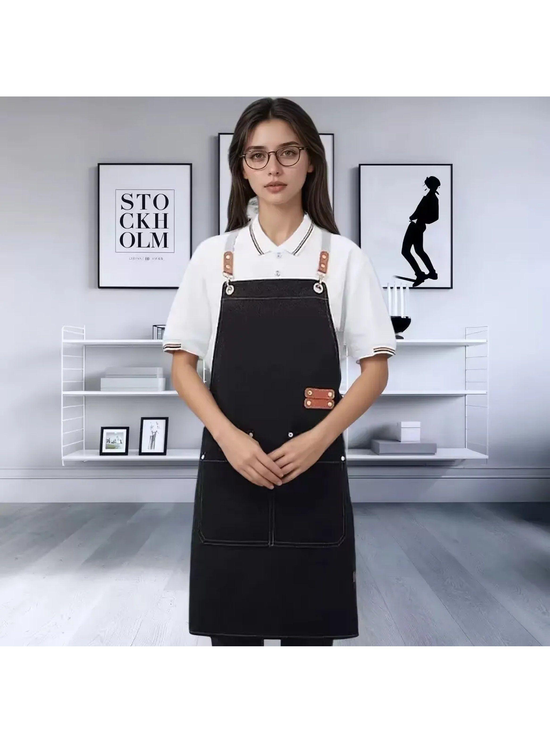 Delantal de Cocina Unisex Ajustable Algodón Negro Con Bolsillos-2