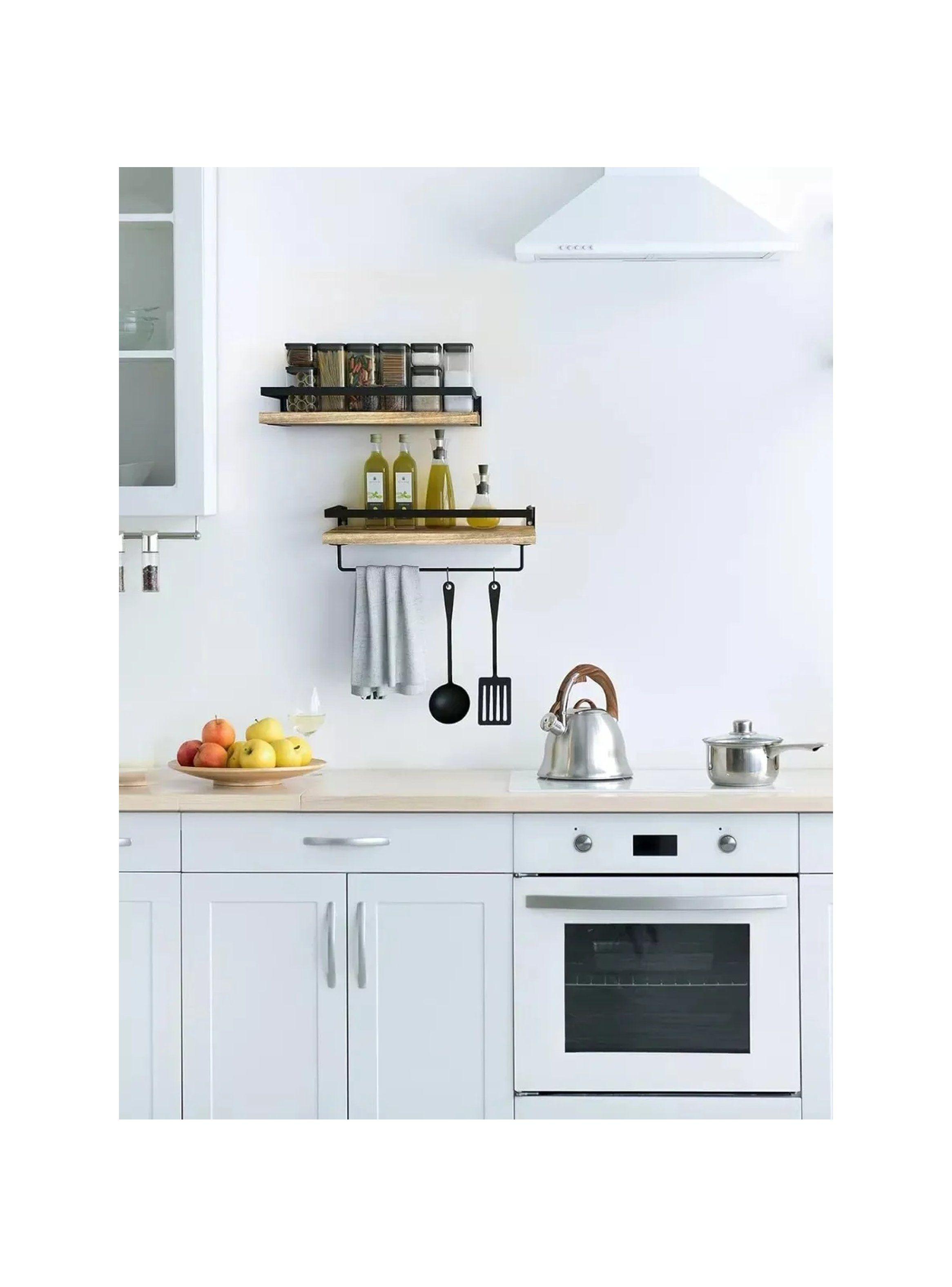 Estantes de Pared Montados Metal y Madera con Barra para Cocina-2