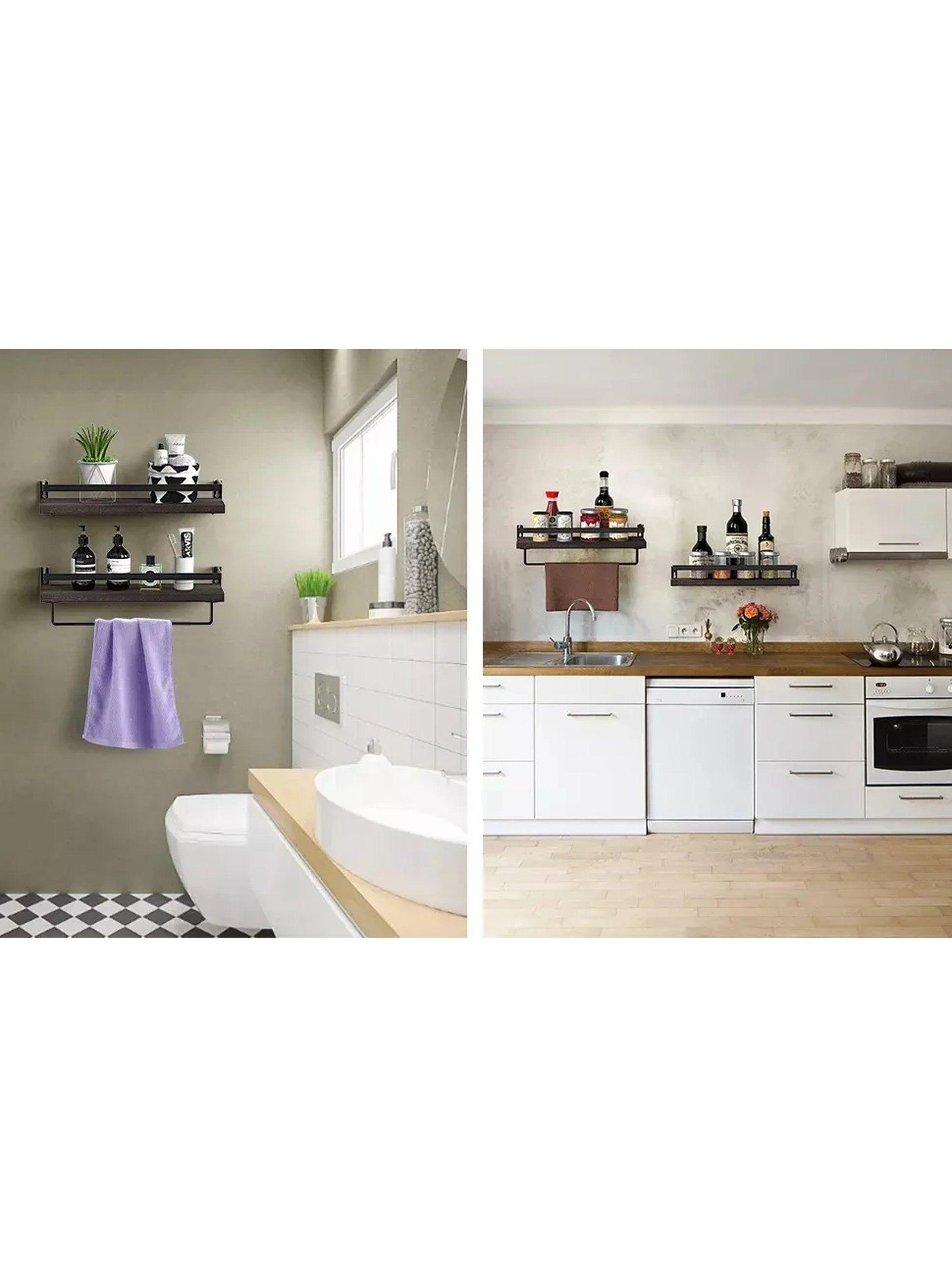 Estantes de Pared Montados Metal y Madera con Barra para Cocina-7