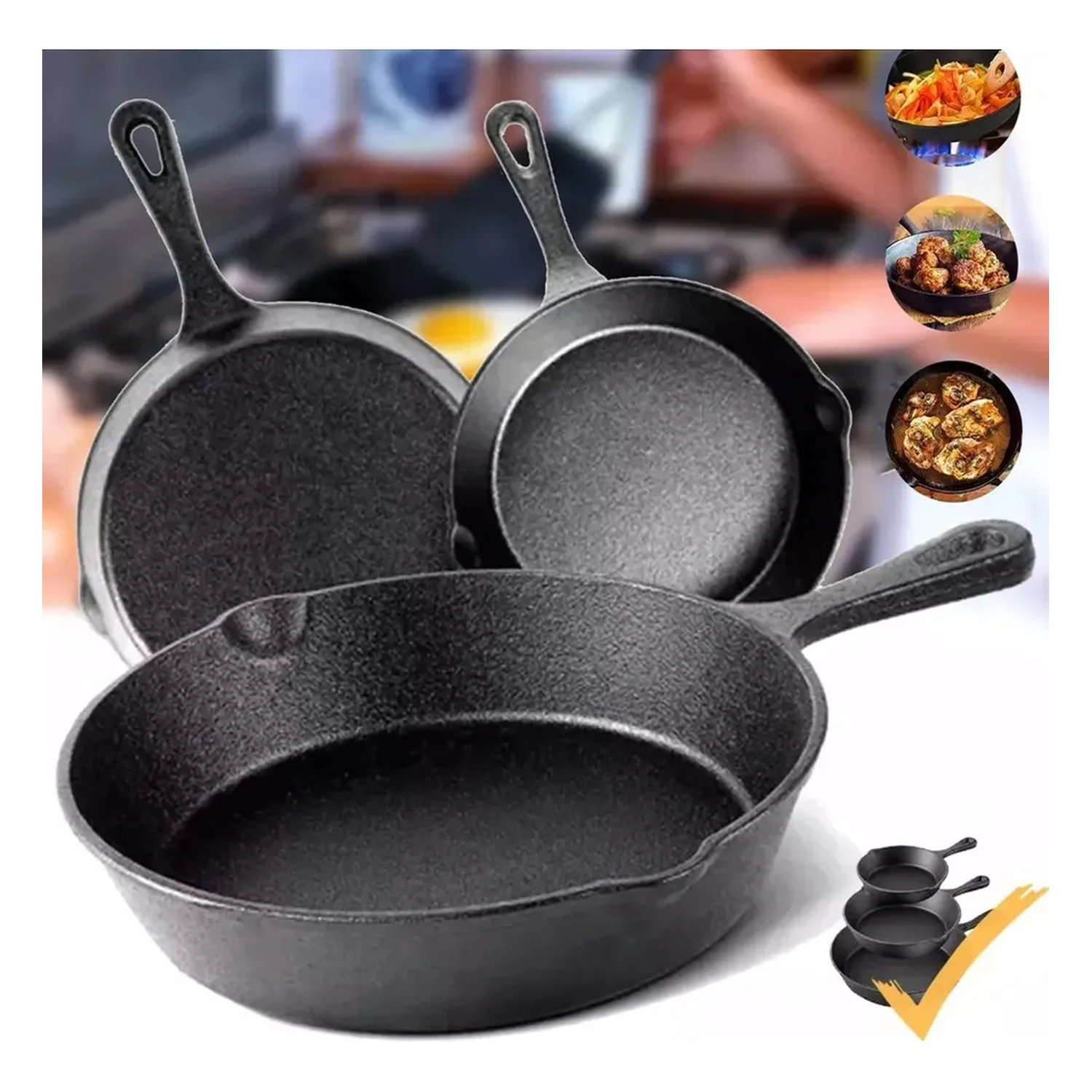 Set de Sartenes de Hierro Fundido Antiadherente Pre-Sazonado-5