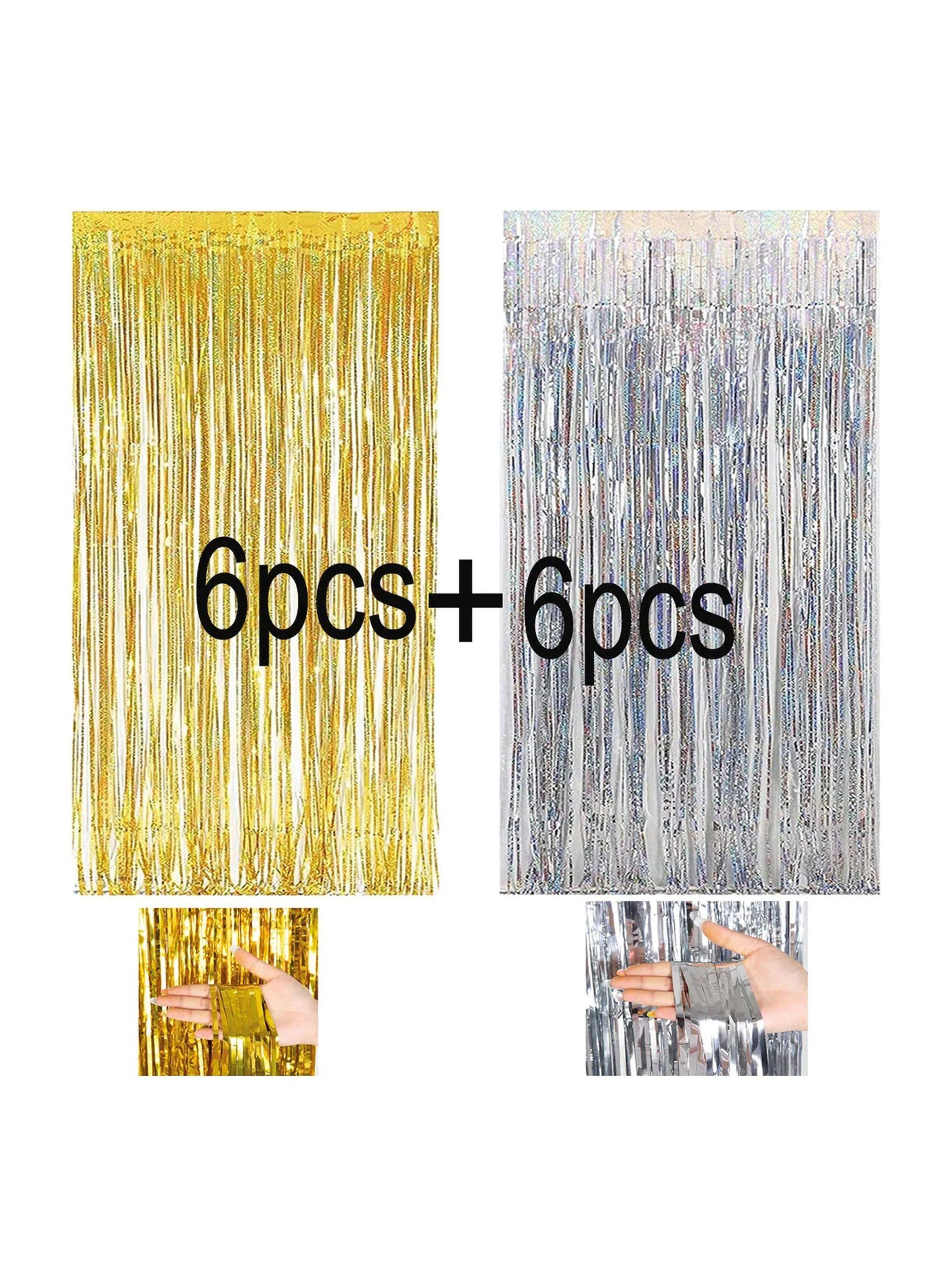 Cortinas de Flecos Metálicos 200x100 cm Oro y Plateado 12 Piezas-2