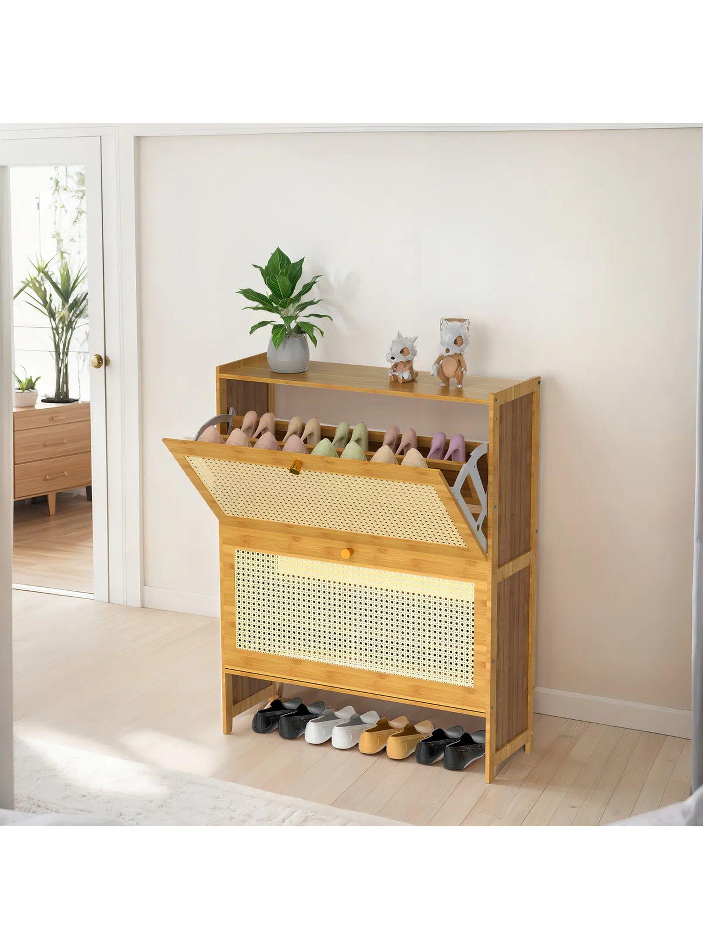 Zapatero de Madera 2 Niveles con Puertas de Ratán-3