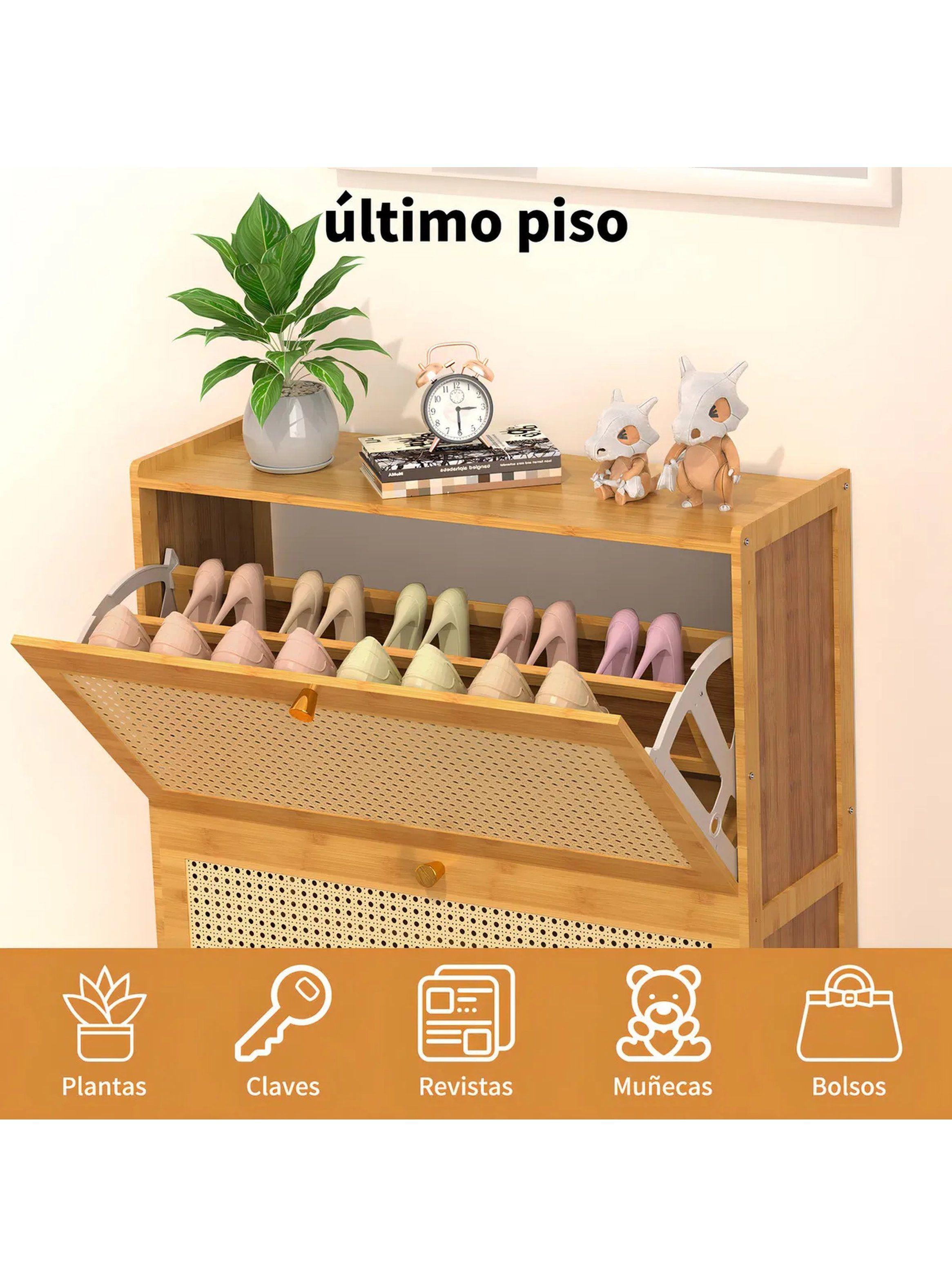 Zapatero de Madera 2 Niveles con Puertas de Ratán-5