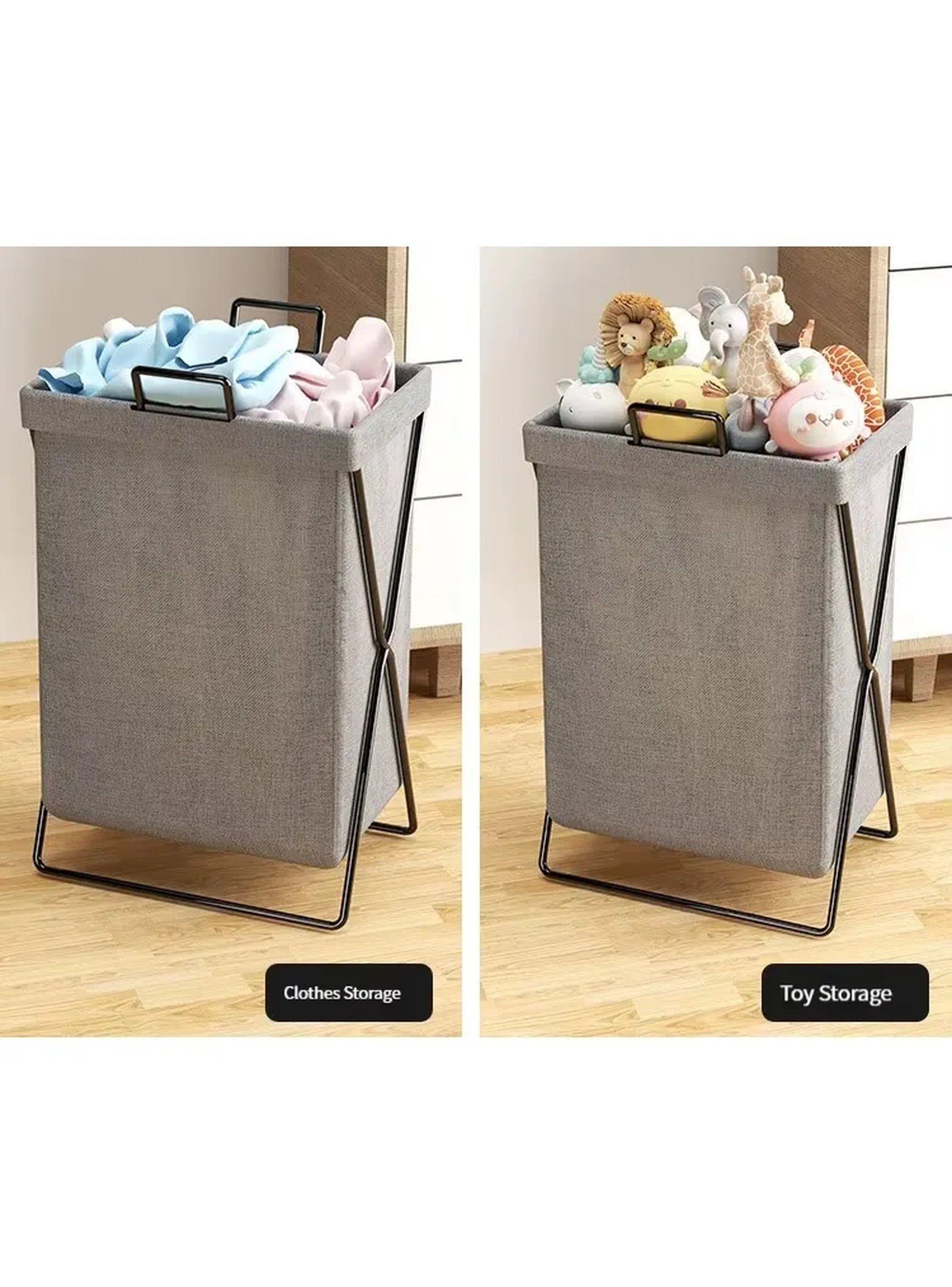 Cesto de Ropa Plegable Portátil Tela Gris Estructura Metálica-4