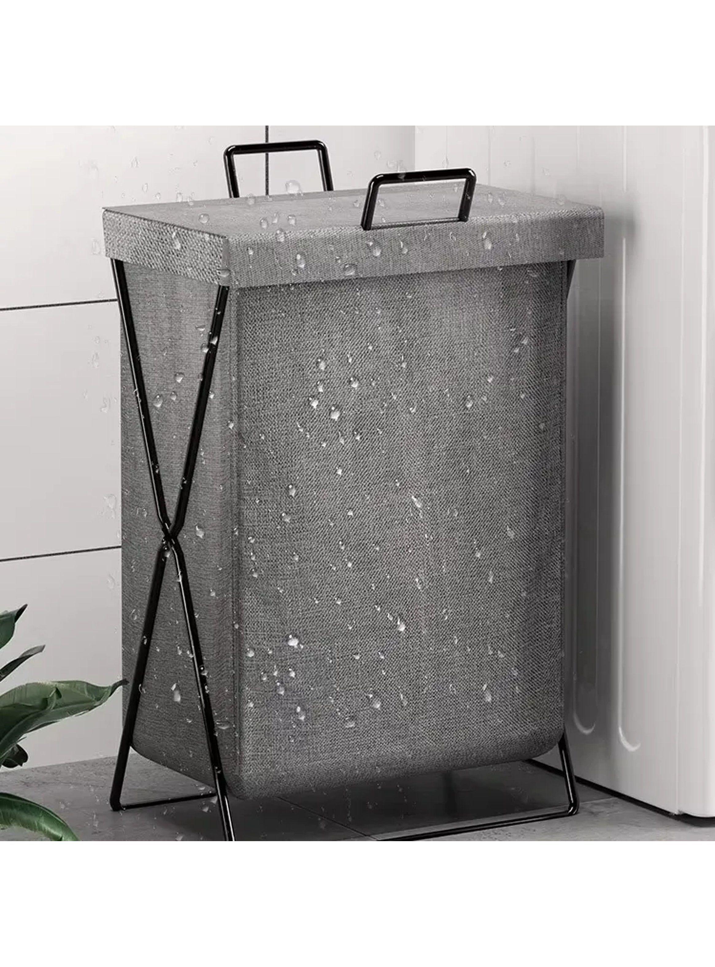 Cesto de Ropa Plegable Portátil Tela Gris Estructura Metálica-5