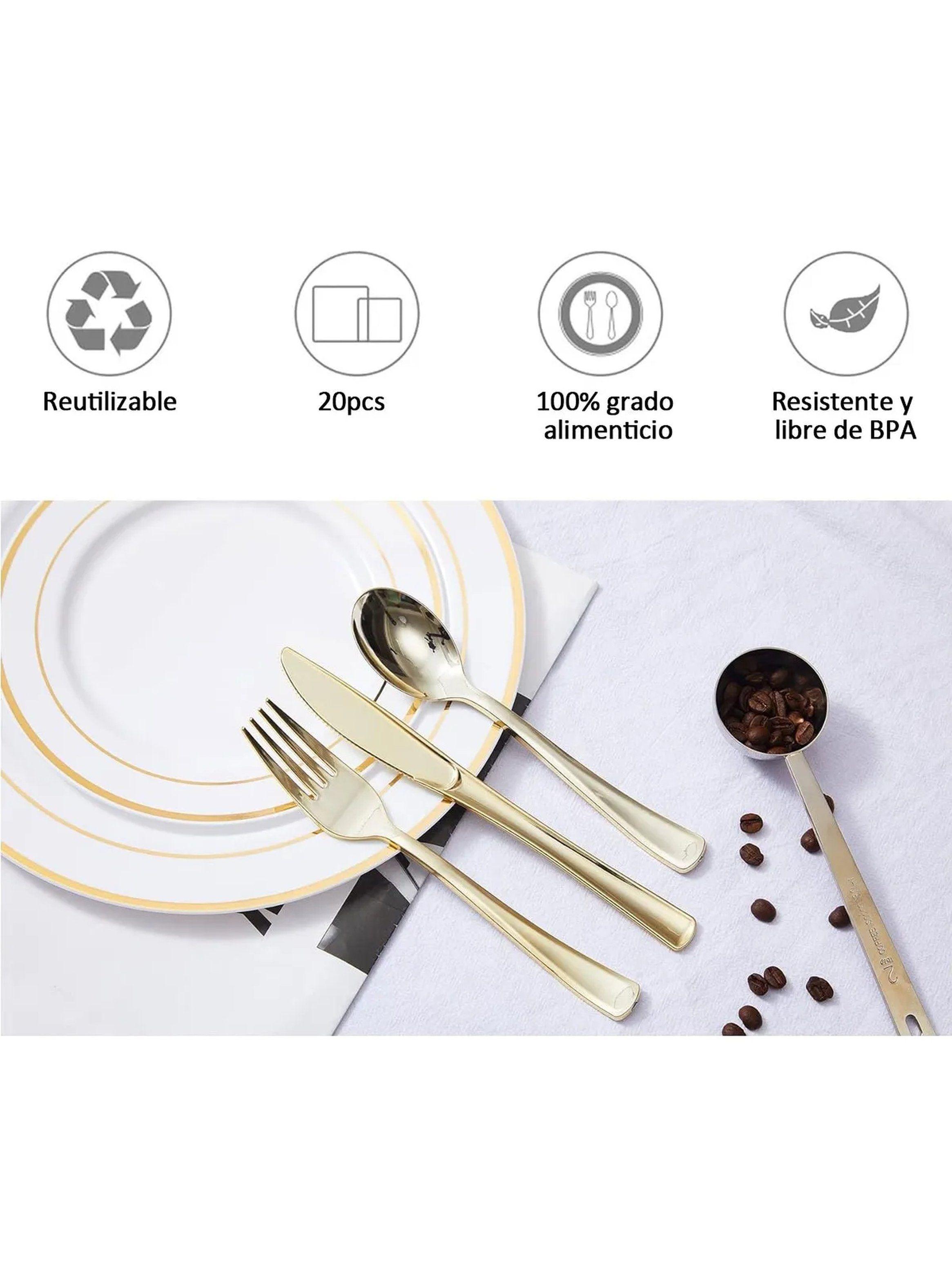 Platos Desechables Reutilizables 20 Piezas BPA Libre 19 cm Blanco y Dorado-2