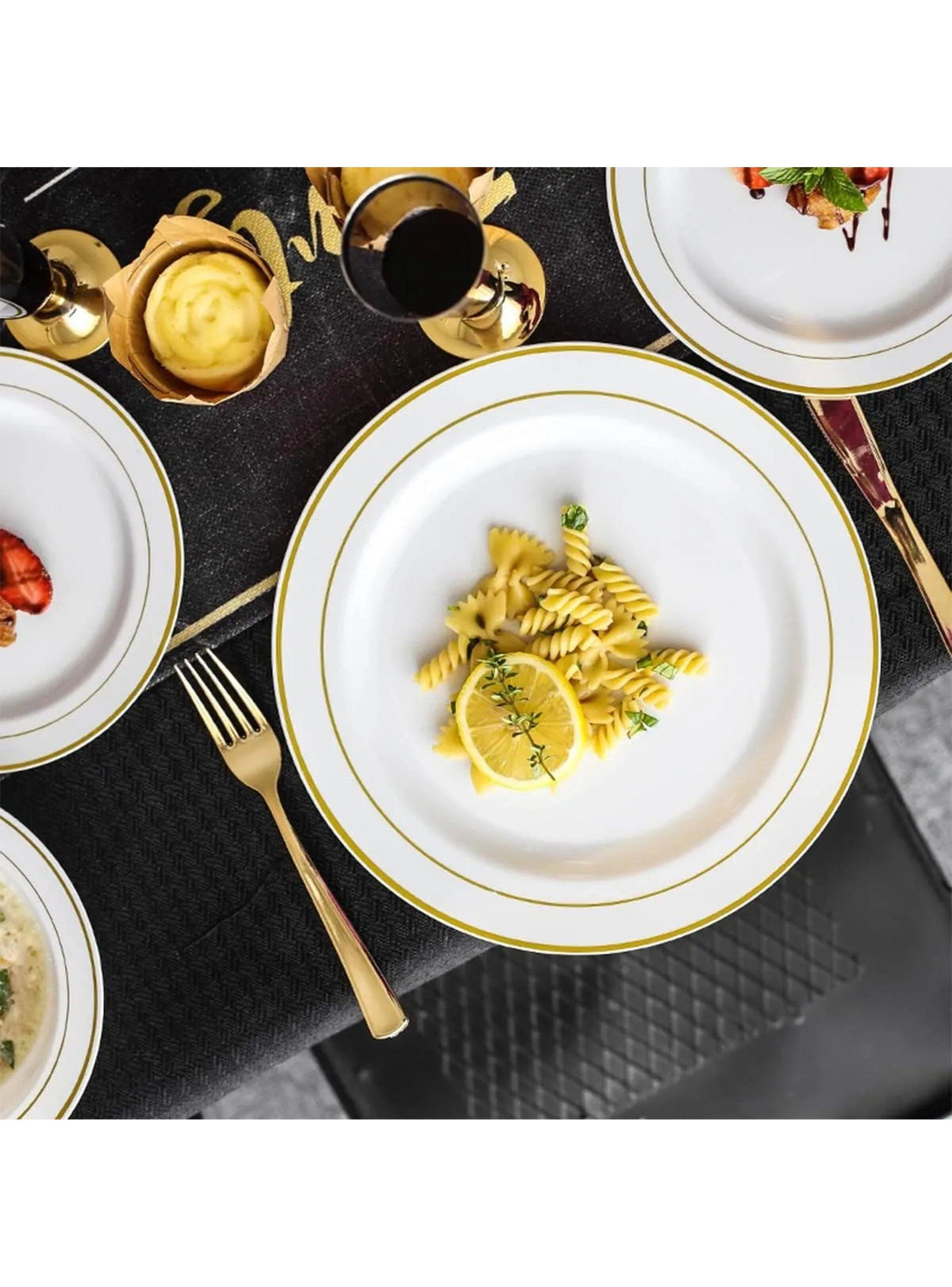 Platos Desechables Reutilizables 20 Piezas BPA Libre 19 cm Blanco y Dorado-3