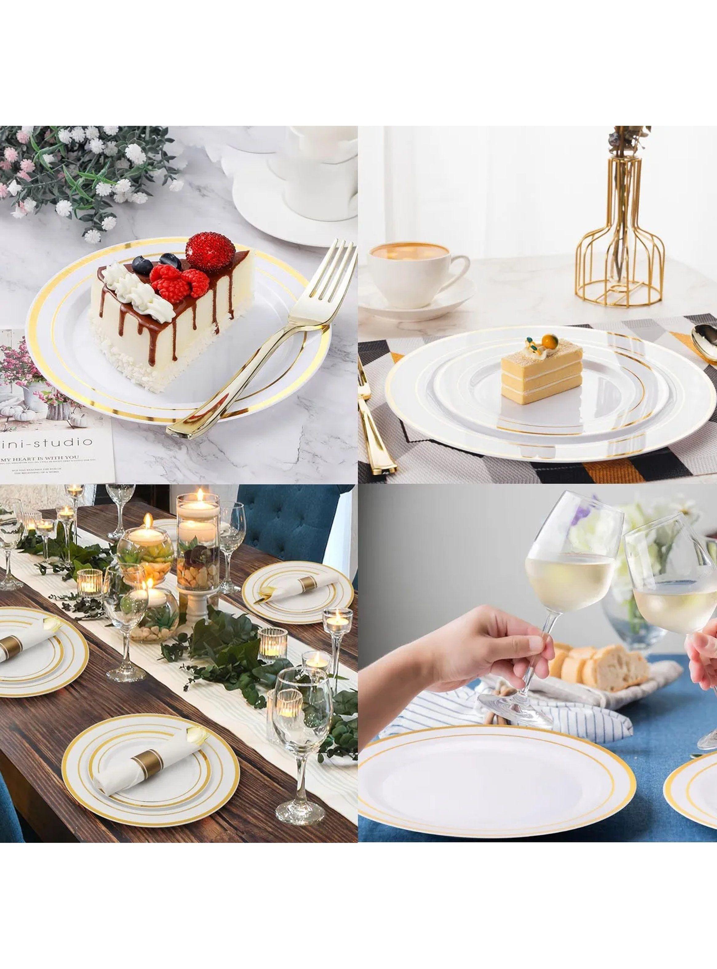 Platos Desechables Reutilizables 20 Piezas BPA Libre 19 cm Blanco y Dorado-4