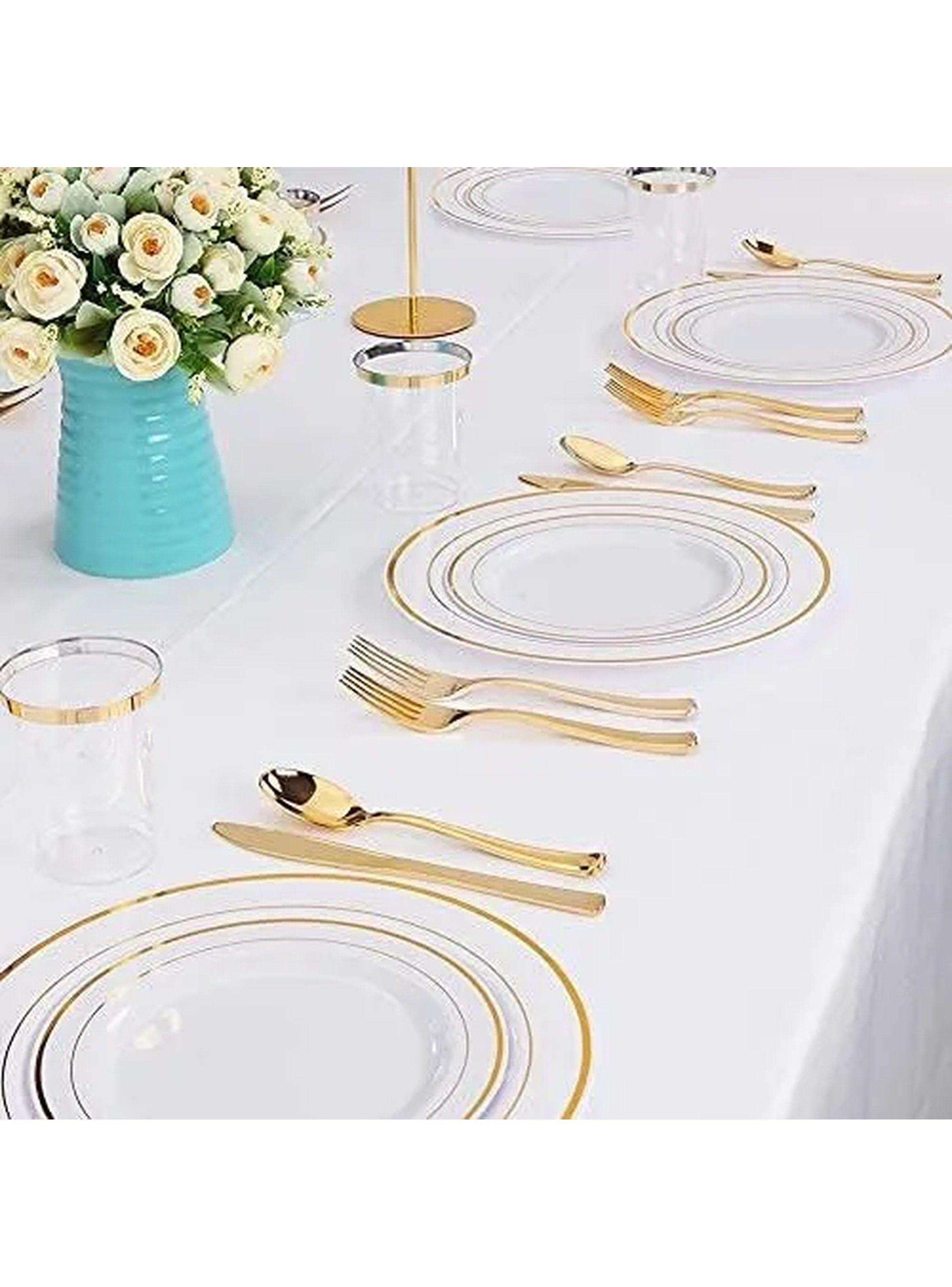 Platos Desechables Reutilizables 20 Piezas BPA Libre 19 cm Blanco y Dorado-5