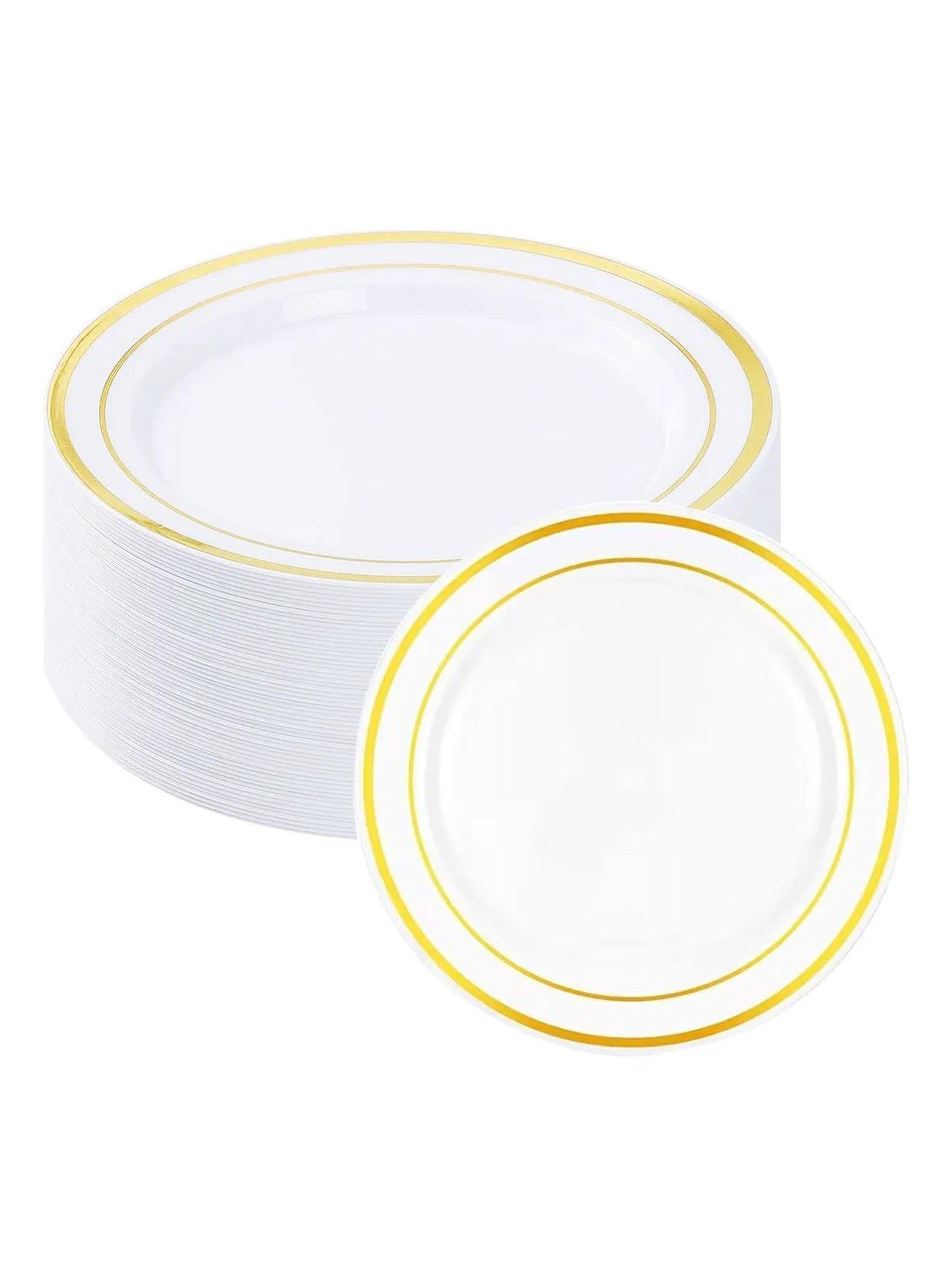 Platos Desechables Reutilizables 20 Piezas BPA Libre 19 cm Blanco y Dorado-6