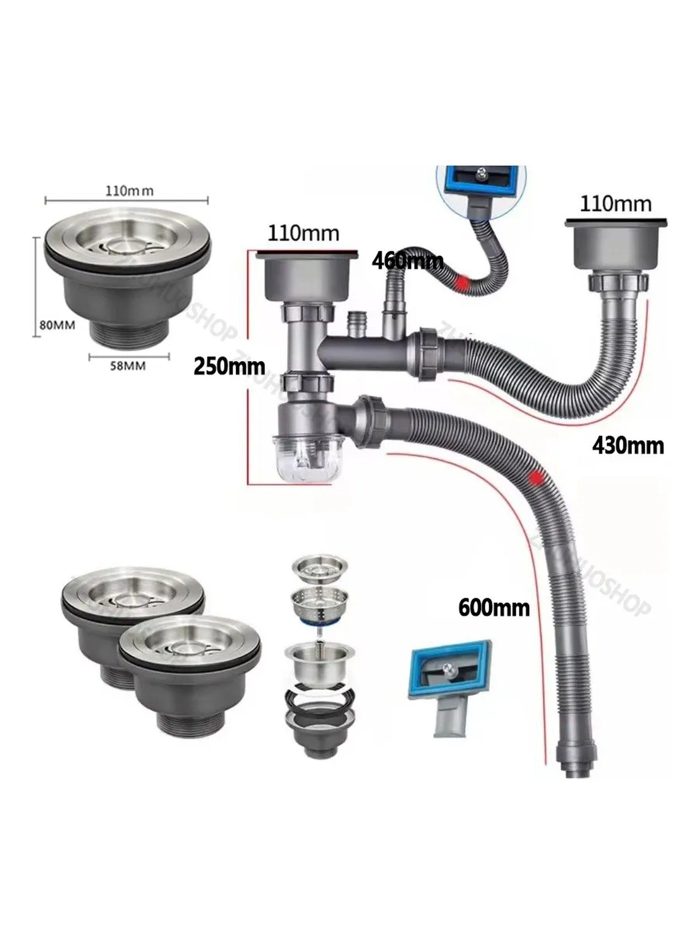 Sistema de Drenaje para Fregadero de Doble Cuenca 360° Ajustable Acero Inoxidable Antirretorno-2