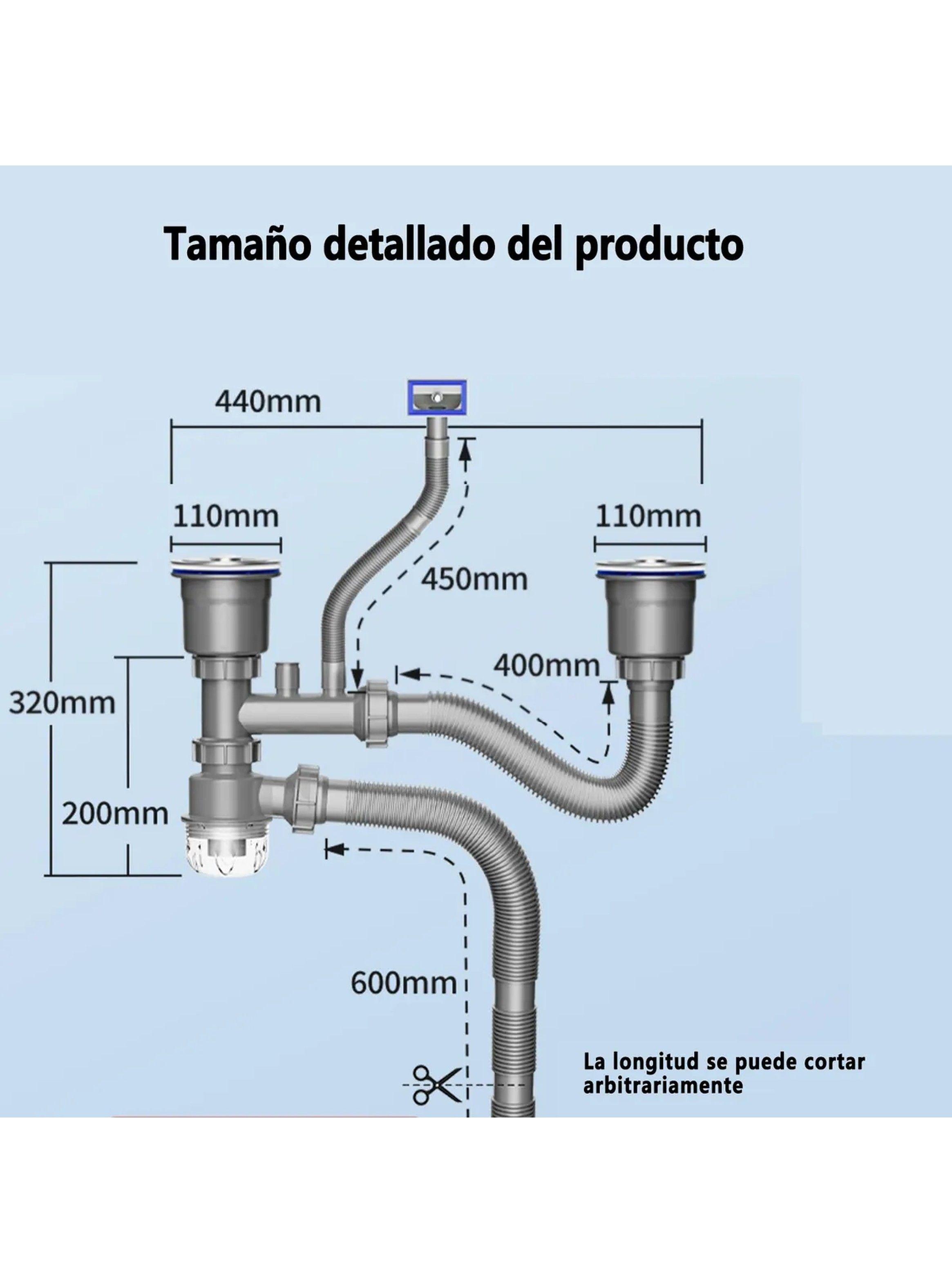 Sistema de Drenaje para Fregadero de Doble Cuenca 360° Ajustable Acero Inoxidable Antirretorno-3